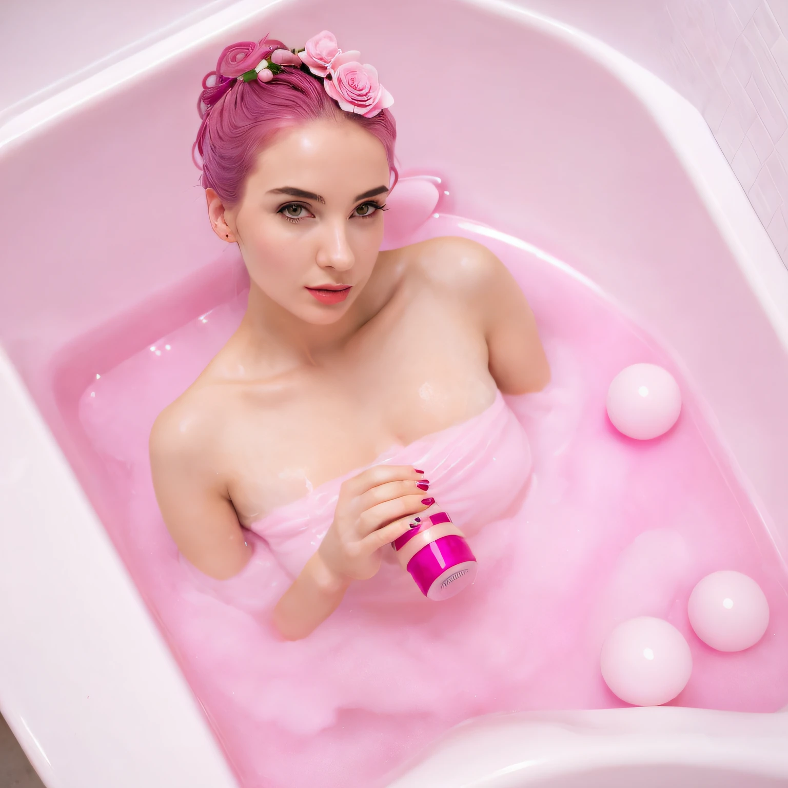 Woman in the bathtub,Pink vibrating device and rose, Vibrating, playful vibe, entangled vibrating, Hot, intimate, attractiveness, easy to use, sensuality, bottom angles, high light, the woman holds more toys, pink water in a large bath, Fantasy atmosphere, smooth vibrancy, high - key, high key, Femme, 1 female