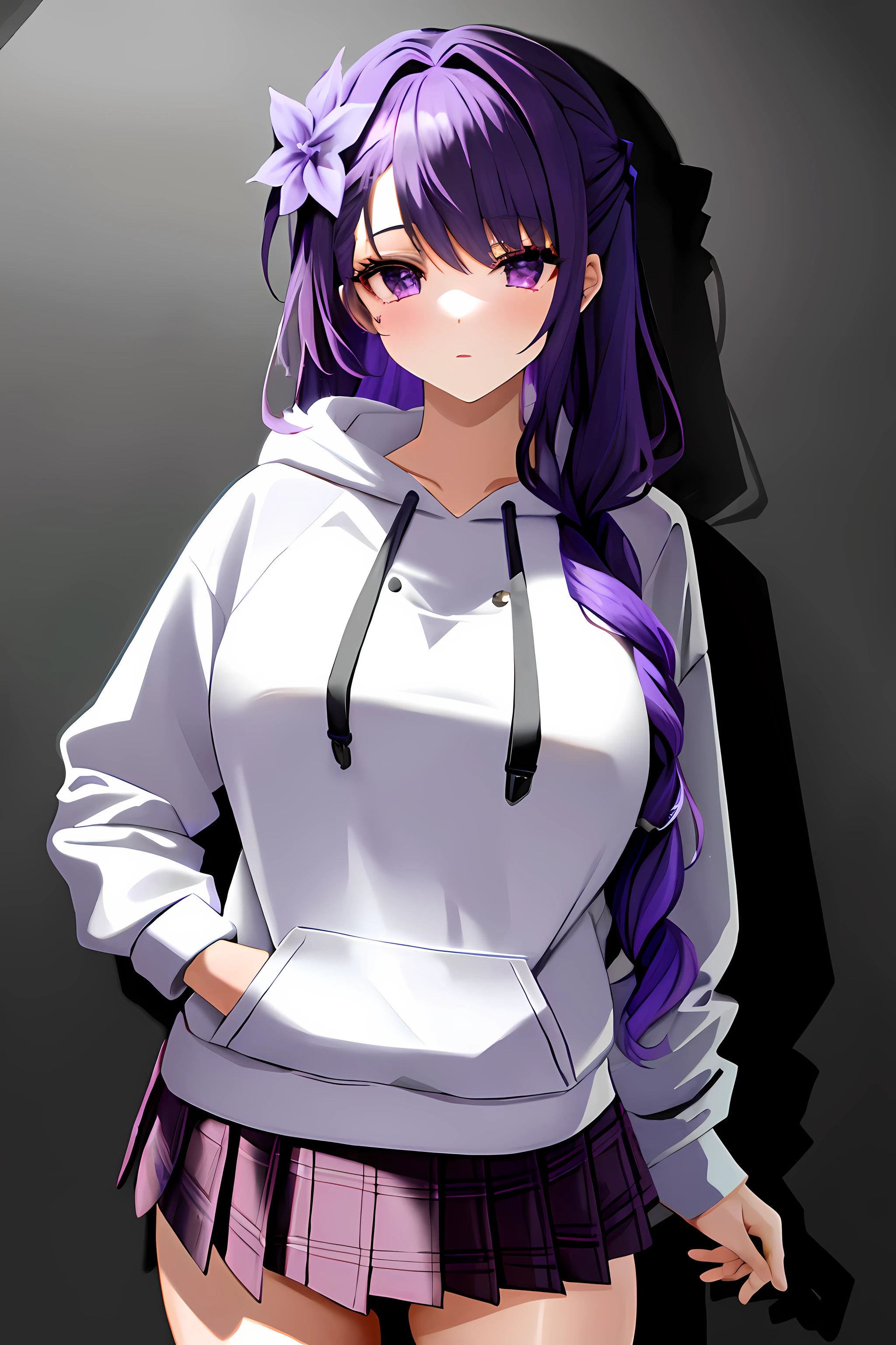 masterpiece, best quality,
1girl, wearing oversized hoodie and plaid skirt, large breasts, hair flower purple eyes, purple hair, solo, long hair,bangs, complex background