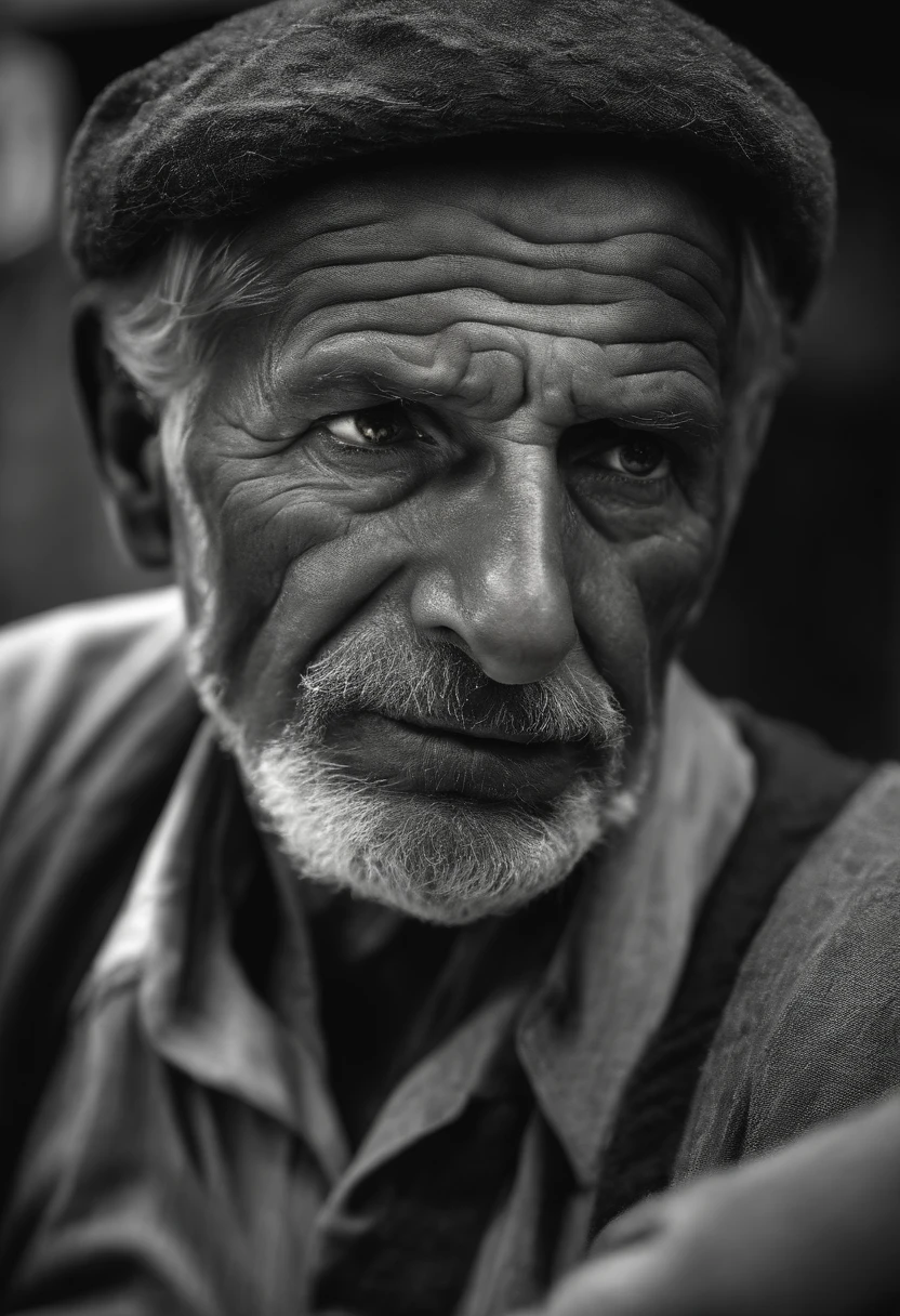 Weathered, a old man, Deep folds, Durable, weather-beaten, Aging appearance, Rough jawline, bushy beard, stubbles, Loneliness was engraved on his face, pensive expression, Strong gaze, A clear sign of a good life, Intricate web of scars and blemishes, Complex mechanical structures peep through damaged skin, Complex artificial nervous system, Intertwined wires and circuits, The eyes are filled with deep wisdom, Wrinkles are deeply etched, He was visibly tired of his facial features, Tears sparkled in his eyes, Surrealist depiction, Close-up view that emphasizes every detail, (b&Show on the, Monochromatic, Film photography:1.3), Photorealistic, Hyperrealistic, ultra - detailed, film-noir, analogue style, hip is cocked, demure, low chest, Soft lighting, Subsurface scattering, Realistic, heavy shadow, Masterpiece, Best quality, Ultra photo realsisim, 8K, Golden ratio, Intricate, High detail, Film photography, Soft focus