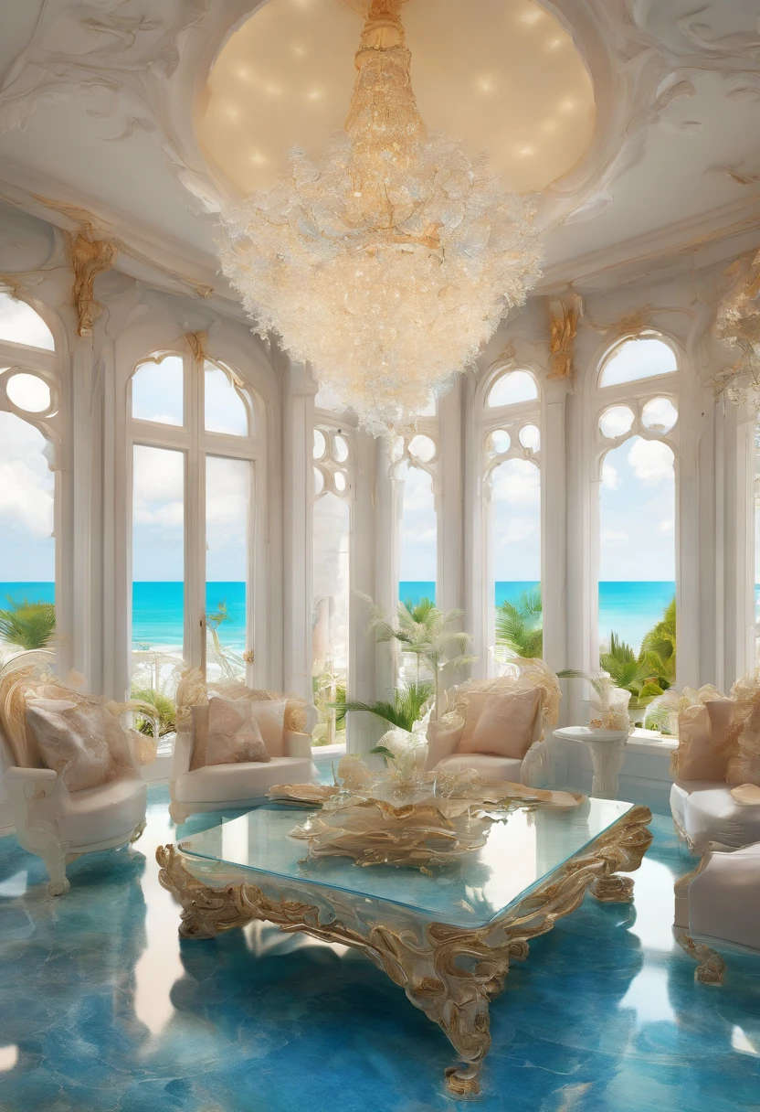 You are a famous interior designer，With marine elements（wie z：Scorpion，Water streaks，sea shell，pearls，blue colors）Create a fantastic aromatherapy experience store front desk area，The shape of the table top extracts the shape of the conch，The top is a gradient blue water ripple shape，The chandelier takes the shape of an aquatic weed in the ocean，The floor is paved with light marble