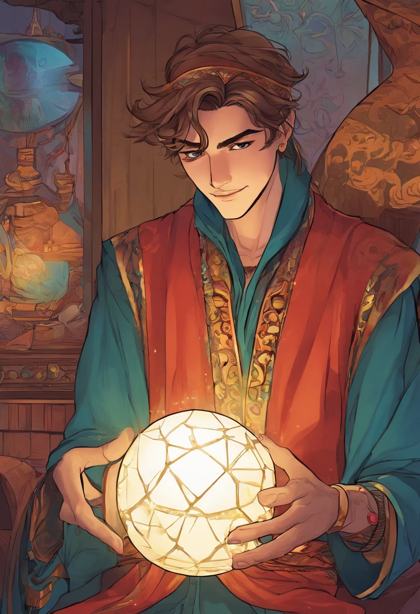 Animated, fortune teller, handsome, beautiful boy, mysterious, smiling, holding a large crystal that shines beautifully in front of his chest