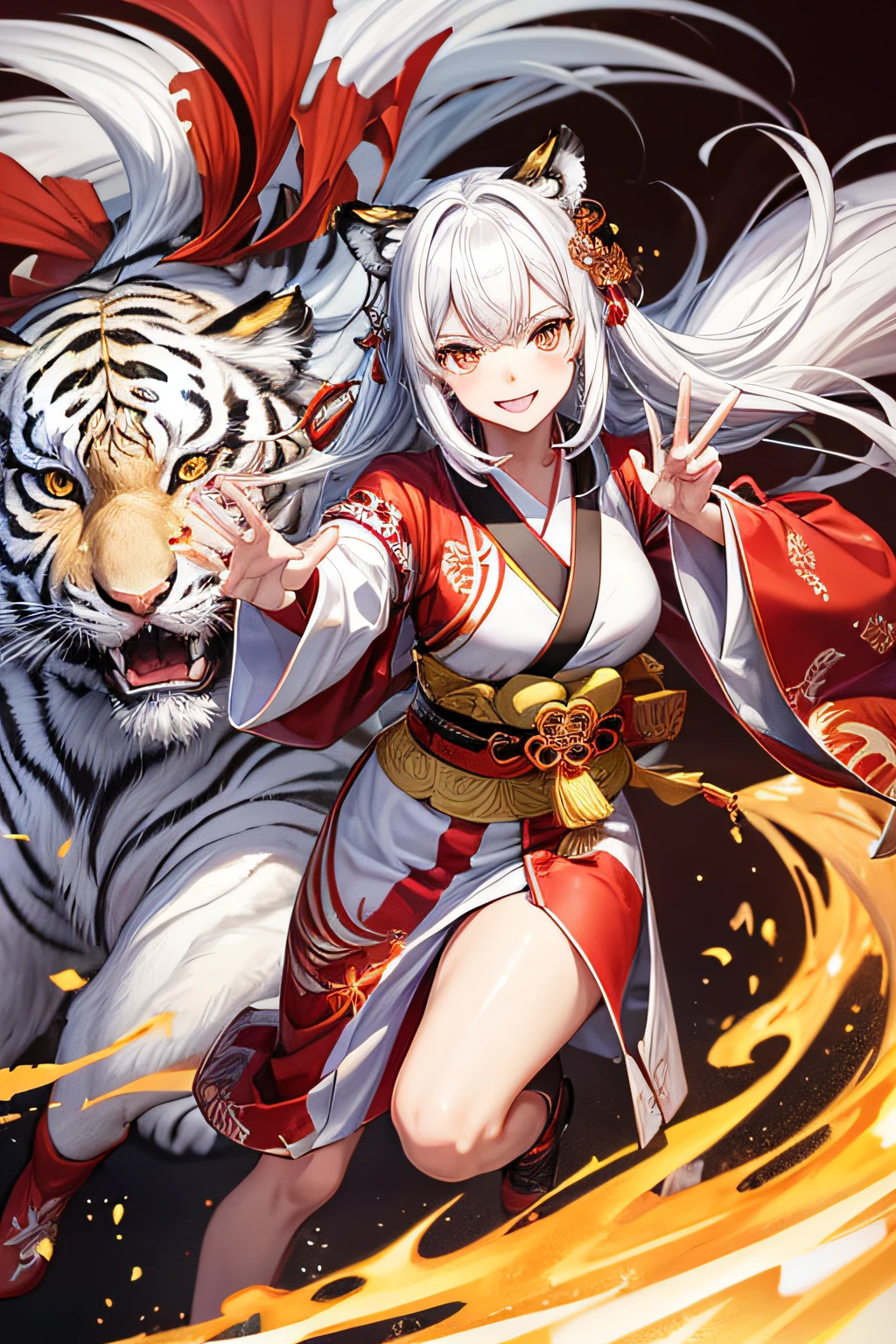 (Splash Art), (masutepiece ,Best Quality:1.2), 1girl in,  Detailed face, Smile strongly、 White hair, colourfull, Red and white Chinese style kimono、Long length, Tiger ears、Precision Line, Large-scale muralists, manticore, Tiger and White Tiger, Gold-sprinkled background