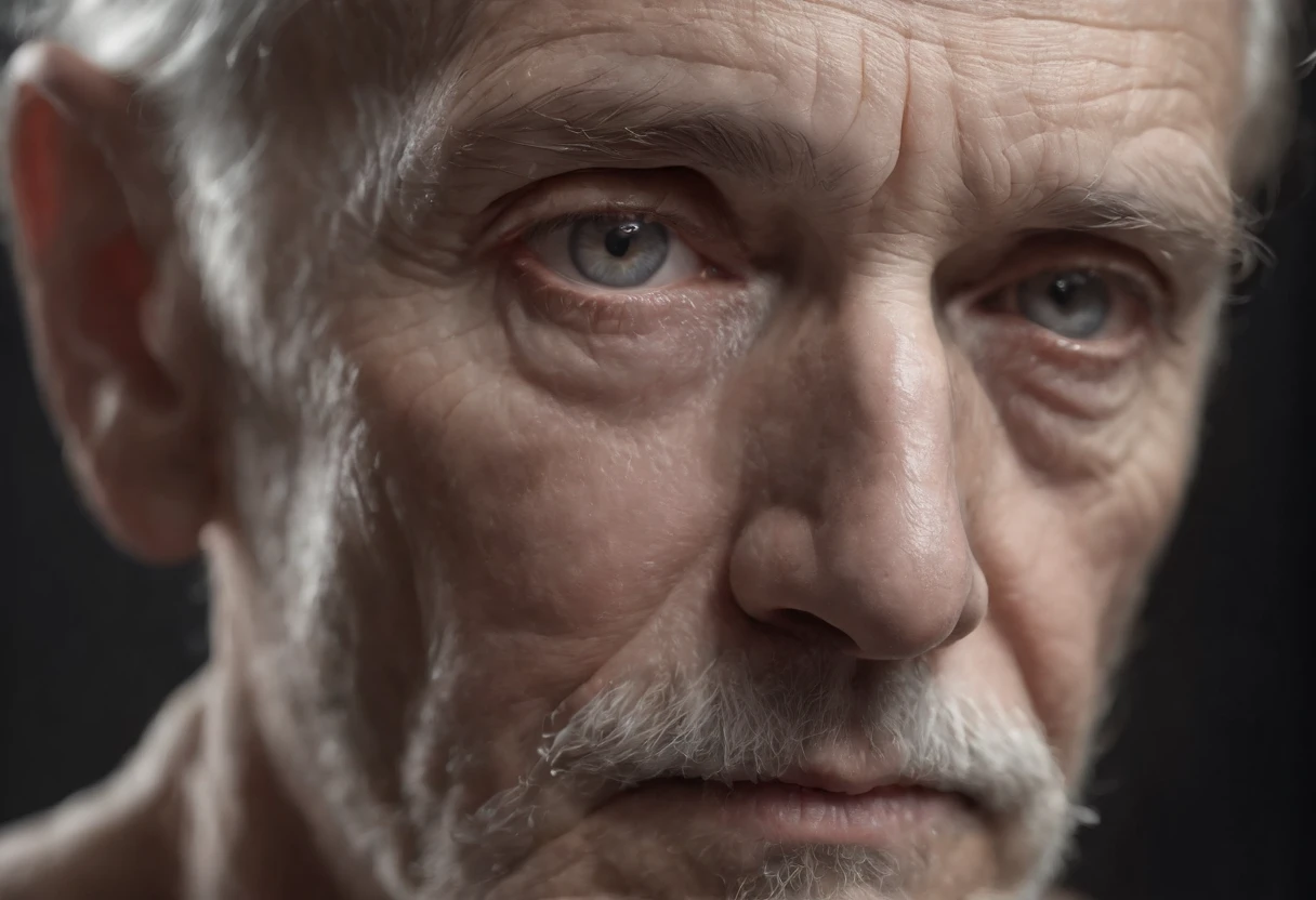 Weathered, a old man, Deep folds, Durable, weather-beaten, Aging appearance, Rough jawline, bushy beard, stubbles, Loneliness was engraved on his face, pensive expression, Strong gaze, A clear sign of a good life, Intricate web of scars and blemishes, Complex mechanical structures peep through damaged skin, Complex artificial nervous system, Intertwined wires and circuits, The eyes are filled with deep wisdom, Wrinkles are deeply etched, He was visibly tired of his facial features, Tears sparkled in his eyes, Surrealist depiction, Close-up view that emphasizes every detail, (b&Show on the, Monochromatic, Film photography:1.3), Photorealistic, Hyperrealistic, ultra - detailed, film-noir, analogue style, hip is cocked, demure, low chest, Soft lighting, Subsurface scattering, Realistic, heavy shadow, Masterpiece, Best quality, Ultra photo realsisim, 8K, Golden ratio, Intricate, High detail, Film photography, Soft focus
