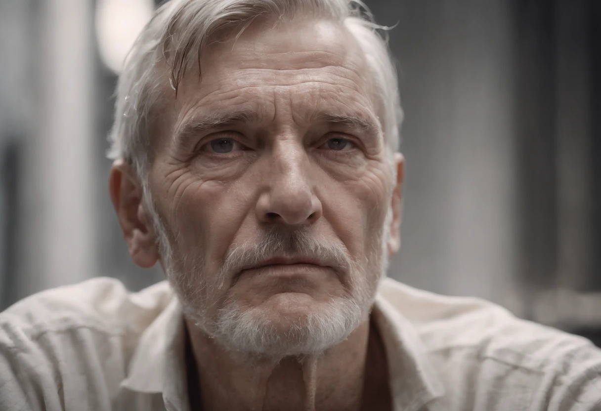 Weathered, a old man, Deep folds, Durable, weather-beaten, Aging appearance, Rough jawline, bushy beard, stubbles, Loneliness was engraved on his face, pensive expression, Strong gaze, A clear sign of a good life, Intricate web of scars and blemishes, Complex mechanical structures peep through damaged skin, Complex artificial nervous system, Intertwined wires and circuits, The eyes are filled with deep wisdom, Wrinkles are deeply etched, He was visibly tired of his facial features, Tears sparkled in his eyes, Surrealist depiction, Close-up view that emphasizes every detail, (b&Show on the, Monochromatic, Film photography:1.3), Photorealistic, Hyperrealistic, ultra - detailed, film-noir, analogue style, hip is cocked, demure, low chest, Soft lighting, Subsurface scattering, Realistic, heavy shadow, Masterpiece, Best quality, Ultra photo realsisim, 8K, Golden ratio, Intricate, High detail, Film photography, Soft focus