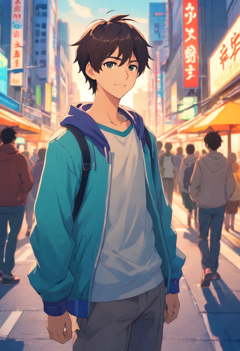 A boy, transformed into an anime style, with exaggerated unique facial features and clothing, standing on a bustling city street, backlit background highlighting the subject, high-contrast colors, 4K high-definition quality，young, smiling, handsome