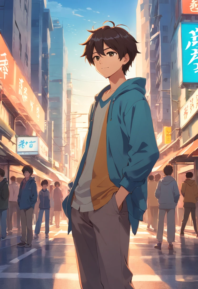 A boy, transformed into an anime style, with exaggerated unique facial features and clothing, standing on a bustling city street, backlit background highlighting the subject, high-contrast colors, 4K high-definition quality,young, smiling, handsome