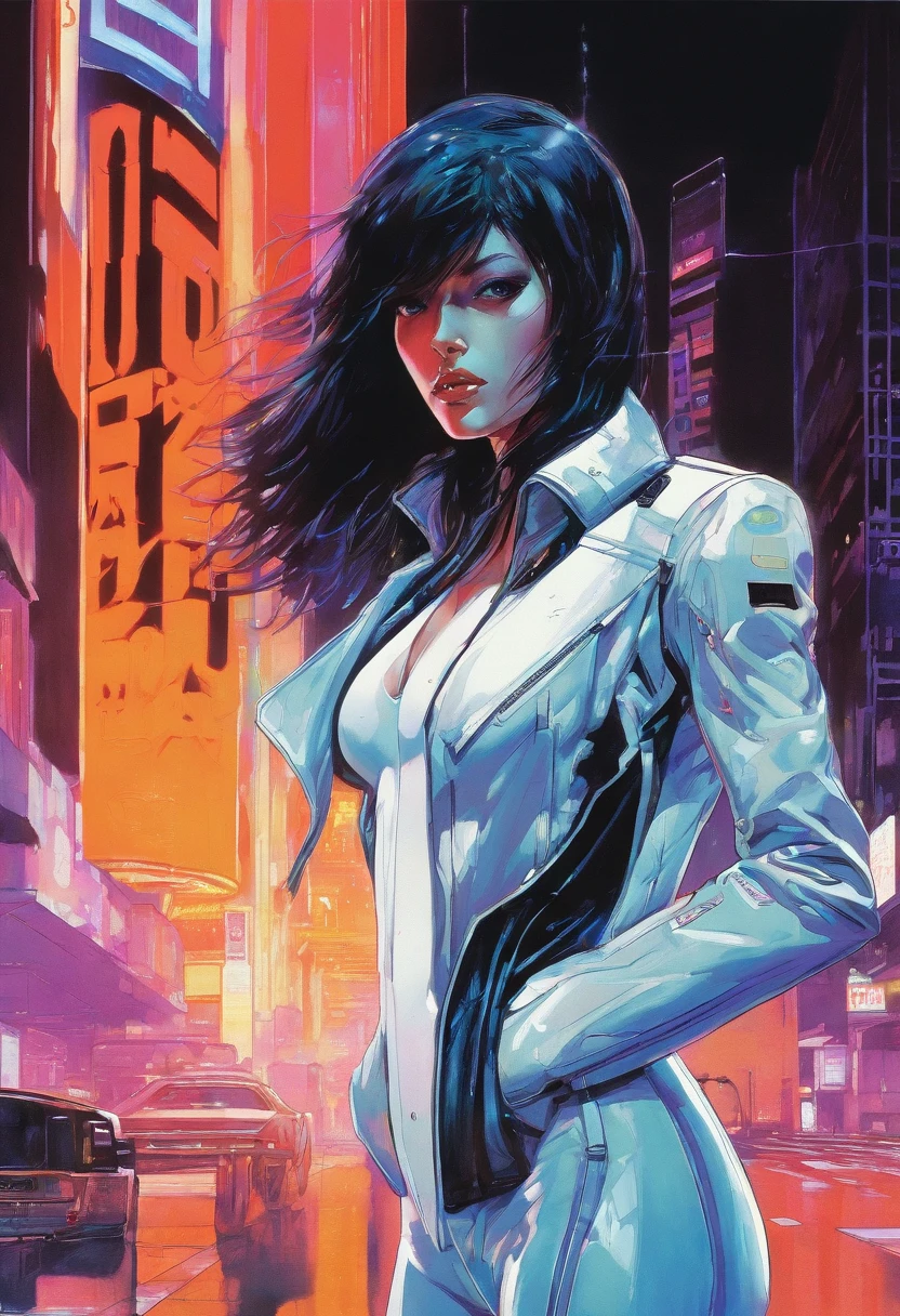 ((Skinny, lanky, normal, mid-30s, unshaven, white, ((American, pale skin, english)), male, businessman walking under night sky with moon out wearing a basic suit and tie)), cowboy shot, ((ultra detailed neon cyberpunk futuristic city )), (black short shaggy hair with purple highlights), detailed and intricate ((cyberpunk city streets background)), featuring high-tech holographic projections and sleek architecture, art by (((Syd Mead, Masamune Shirow))), (highly detailed photo realistic), sharp focus, ultra high quality, vibrant, (shiny skin:1.4), shiny lips, (symmetrical detailed face:1.7), masterpiece, (cinematic lighting), ((male))