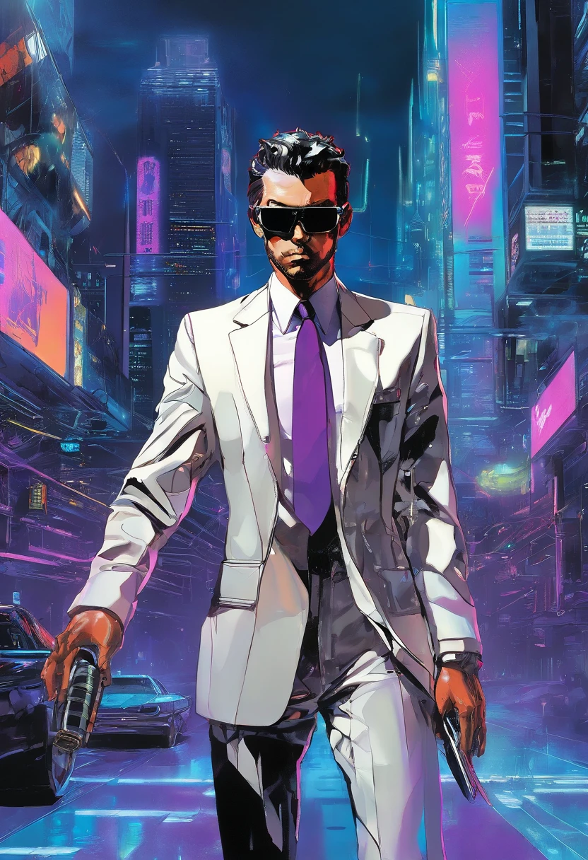 ((Skinny, lanky, normal, mid-30s, unshaven, white, ((American, pale skin, english)), male, businessman walking under night sky with moon out wearing a basic suit and tie)), cowboy shot, ((ultra detailed neon cyberpunk futuristic city )), (black short shaggy hair with purple highlights), detailed and intricate ((cyberpunk city streets background)), featuring high-tech holographic projections and sleek architecture, art by (((Syd Mead, Masamune Shirow))), (highly detailed photo realistic), sharp focus, ultra high quality, vibrant, (shiny skin:1.4), shiny lips, (symmetrical detailed face:1.7), masterpiece, (cinematic lighting), ((male))