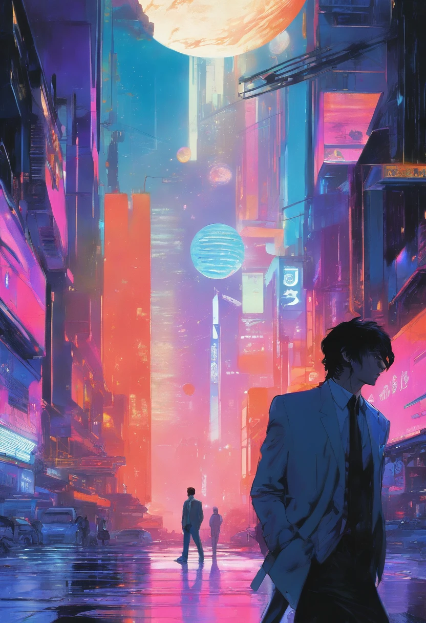 ((Skinny, lanky, normal, mid-30s, unshaven, white, ((American, pale skin, english)), male, businessman walking under night sky with moon out wearing a basic suit and tie)), cowboy shot, ((ultra detailed neon cyberpunk futuristic city )), (black short shaggy hair with purple highlights), detailed and intricate ((cyberpunk city streets background)), featuring high-tech holographic projections and sleek architecture, art by (((Syd Mead, Masamune Shirow))), (highly detailed photo realistic), sharp focus, ultra high quality, vibrant, (shiny skin:1.4), shiny lips, (symmetrical detailed face:1.7), masterpiece, (cinematic lighting), ((male))