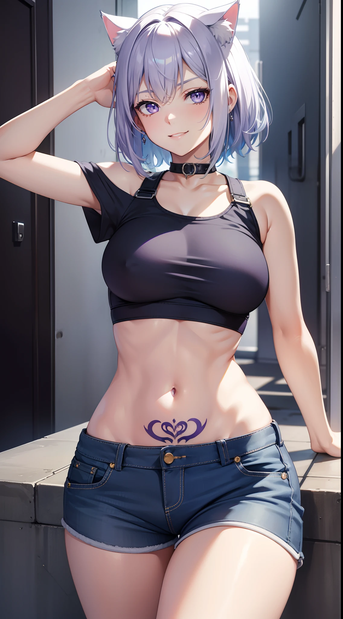 Grown-up girl, short white hair, Heteroromy, blue and purple eyes, cat ears, smirk, tight blue top, Shorts, tattoo, open belly, open breasts, Masterpiece, hiquality, 4k, HD, Good detail