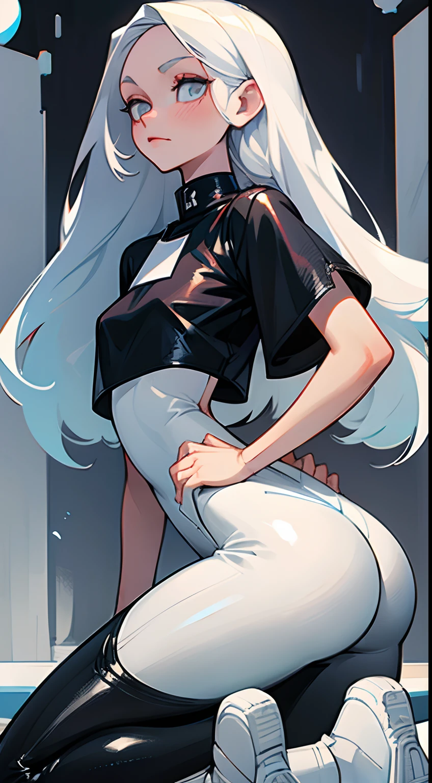 Girl with long thin white hair, White Skin Skin, Slim, beatiful face, little chest, wearing black leather pants and a white t-shirt, white sneakers, Full-length, ass