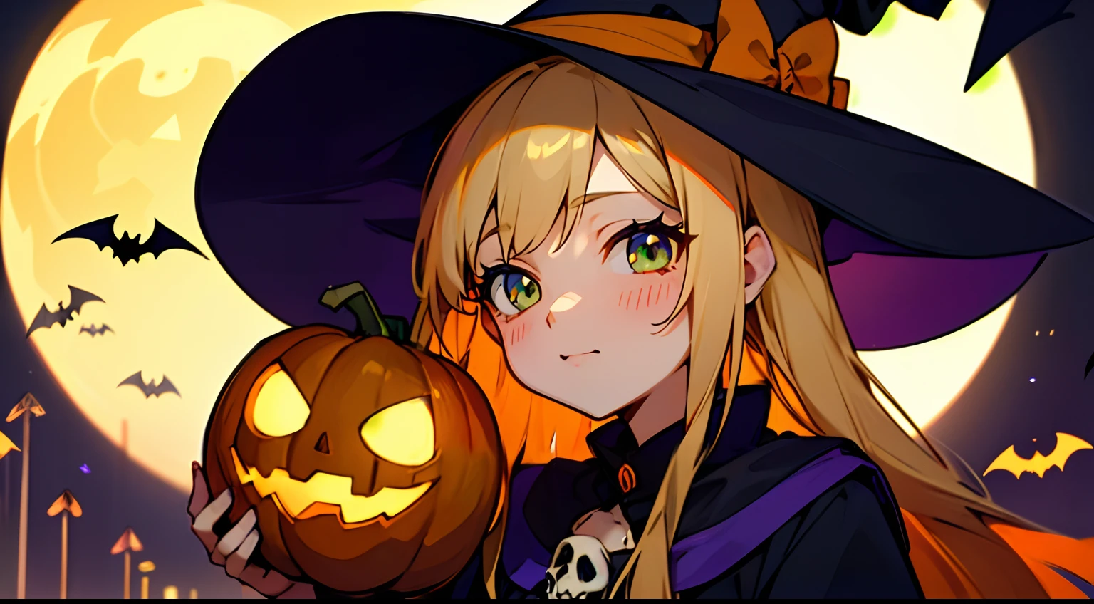 ((​masterpiece:1.4、top-quality)) 、(Close up portrait of woman in Halloween costume、Smiling and looking at the camera、She wears a skull brooch and hair tie、bionde、Green eyes、kawaii、) 、Splash Art Anime Style, 🍂 Cute, halloween art style, flirty anime witch casting magic, ❤🔥🍄🌪, halloween celebration, Witch Girl, trick or treat, bright witch, kawaii、Halloween Style,The background is a haunted house lit by pumpkins and moonlight、Bats are flying、