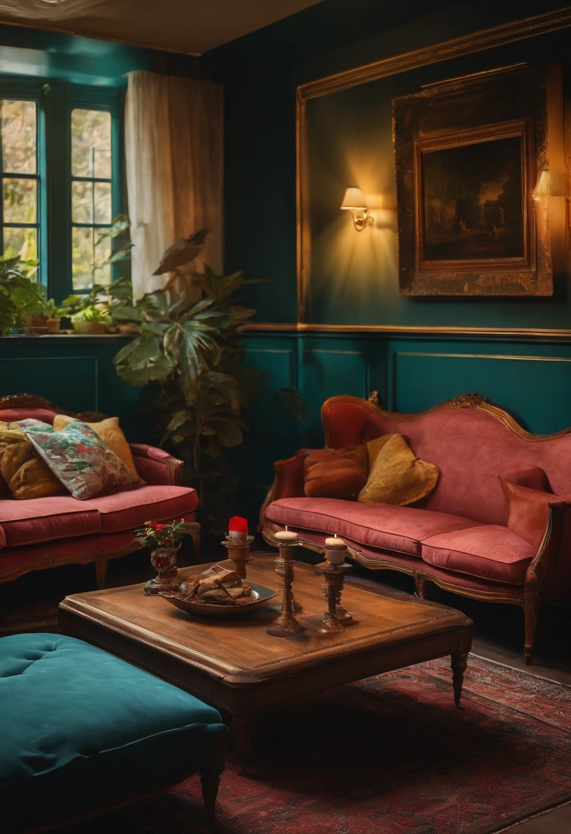 Eighties,Home interior scene,Nostalgic vintage colors,hand painted style,Old table,Vintage sofa