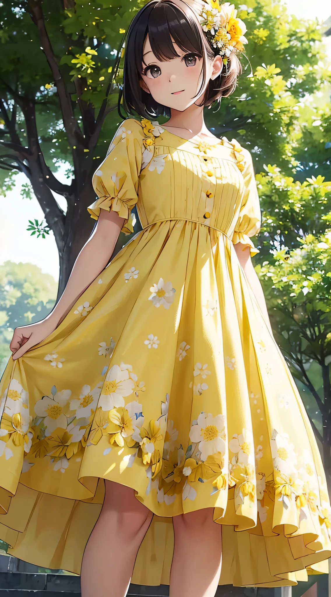 A woman in a yellow dress standing on a stone wall - SeaArt AI