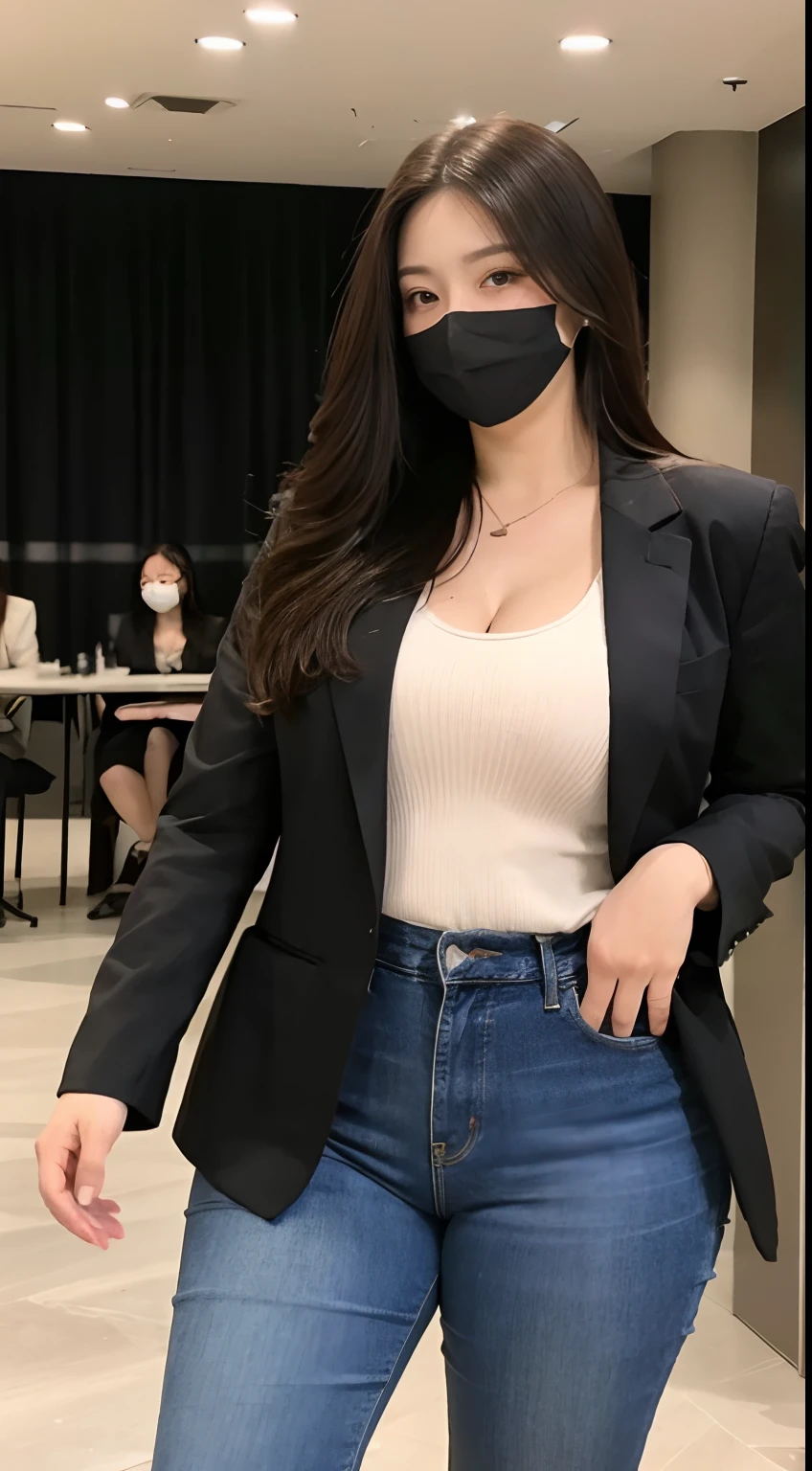 wear tight jeans,Tall guy,blazer jacket,Plump buttocks,Full breasts,Realistic faces,largeeyes,detail-rich,mano,skin textures, Whiten skin,cabelos preto e longos,The back is charming,Wearing a black mask,In front of the conference room