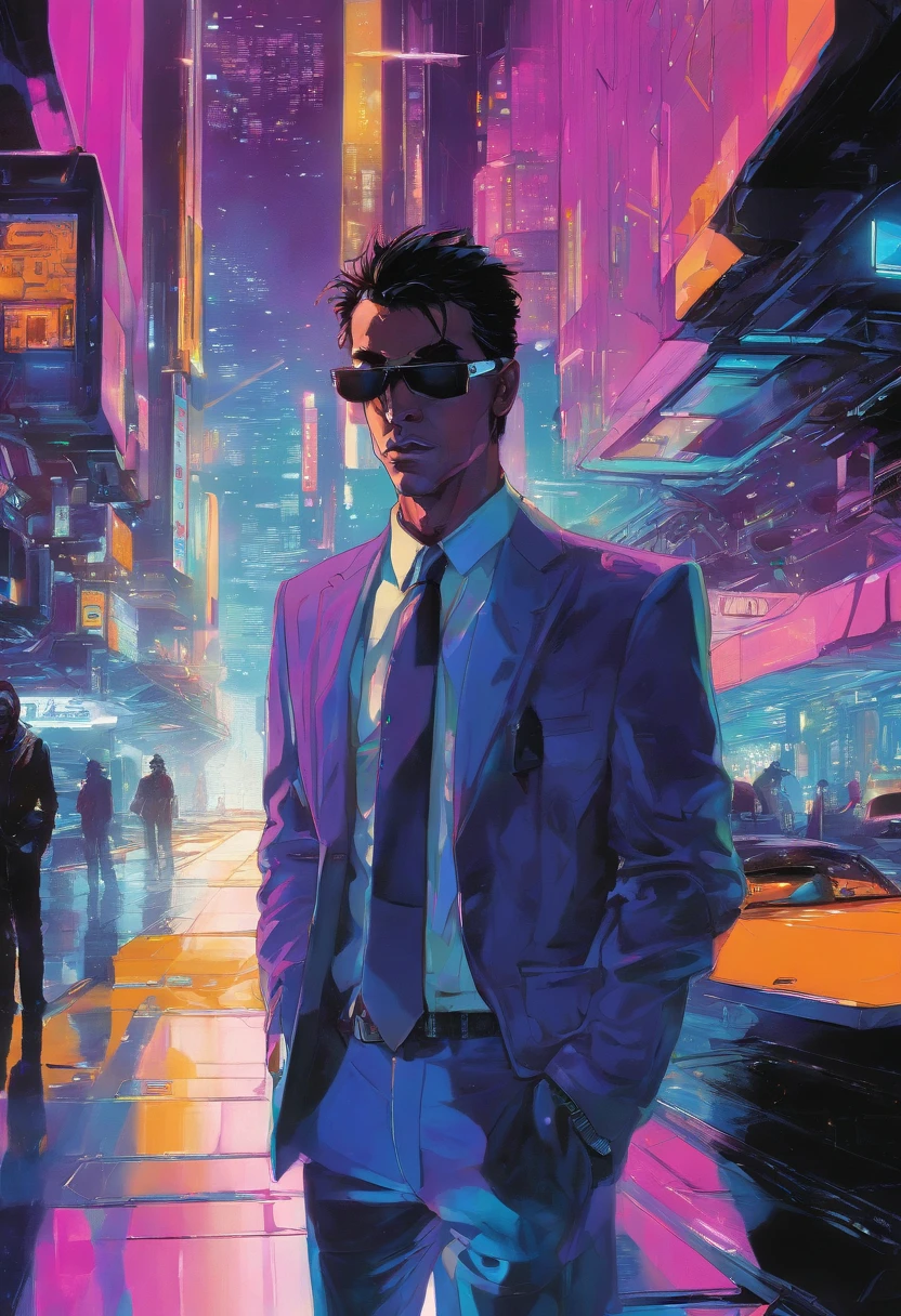 ((Skinny, lanky, normal, mid-30s, unshaven, white, ((American, pale skin, english)), male, businessman walking under night sky with moon out wearing a basic suit and tie)), cowboy shot, ((ultra detailed neon cyberpunk futuristic city )), (black short shaggy hair with purple highlights), detailed and intricate ((cyberpunk city streets background)), featuring high-tech holographic projections and sleek architecture, art by (((Syd Mead, Masamune Shirow))), (highly detailed photo realistic), sharp focus, ultra high quality, vibrant, (shiny skin:1.4), shiny lips, (symmetrical detailed face:1.7), masterpiece, (cinematic lighting), ((male))