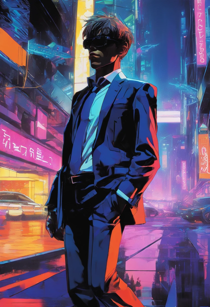 ((Skinny, lanky, normal, mid-30s, unshaven, white, ((American, pale skin, english)), male, businessman walking under night sky with moon out wearing a basic suit and tie)), cowboy shot, ((ultra detailed neon cyberpunk futuristic city )), (black short shaggy hair with purple highlights), detailed and intricate ((cyberpunk city streets background)), featuring high-tech holographic projections and sleek architecture, art by (((Syd Mead, Masamune Shirow))), (highly detailed photo realistic), sharp focus, ultra high quality, vibrant, (shiny skin:1.4), shiny lips, (symmetrical detailed face:1.7), masterpiece, (cinematic lighting), ((male))