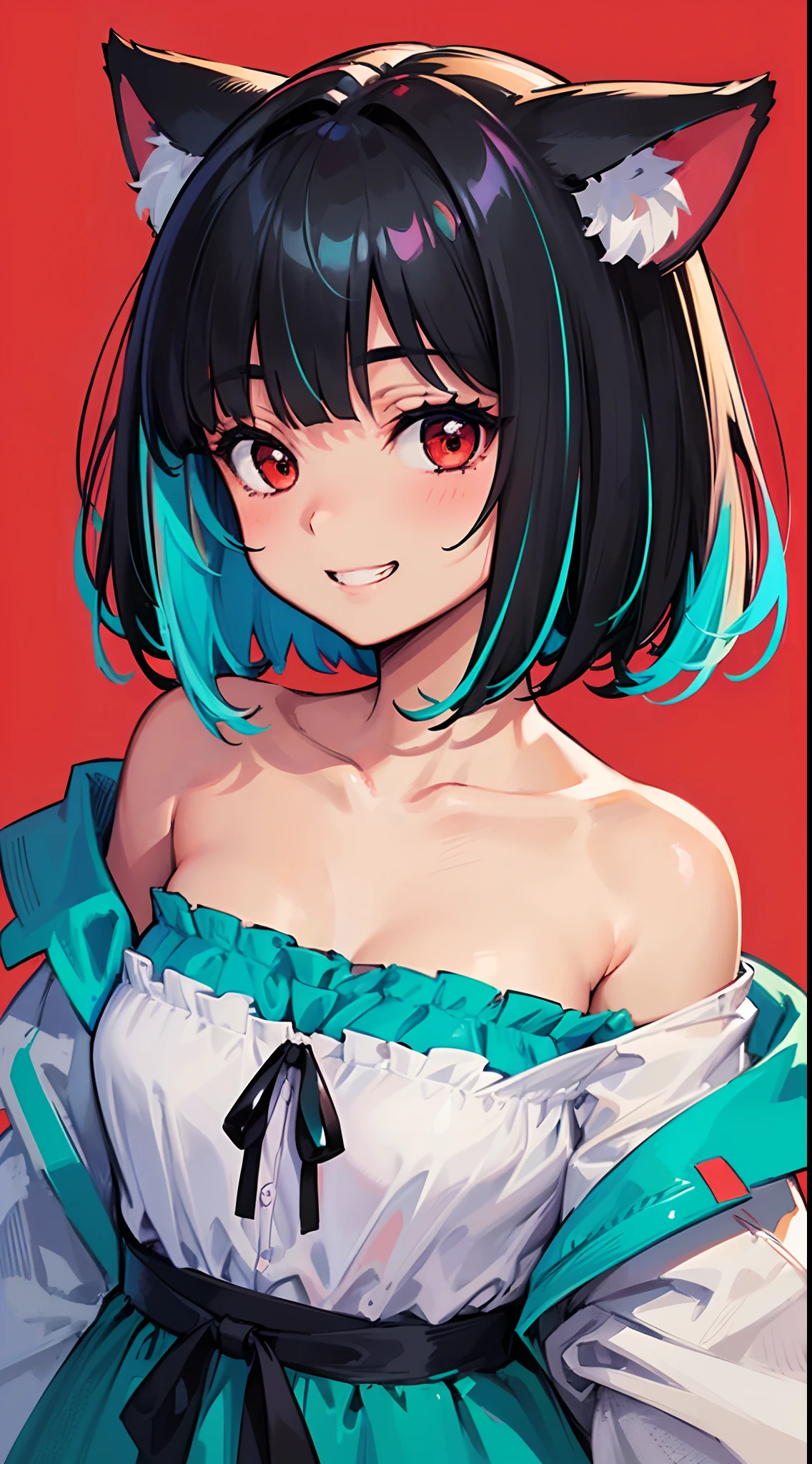 close-up portrait of ((solo 1girl, nekomimi)), ((short black hair in a wavy bob-cut with turquoise highlights)), big grin, side glance, masterpiece, red eyes, (simple plain background), (one-side off-shoulder dress), head tilt, vivid colors, extra long sleeves