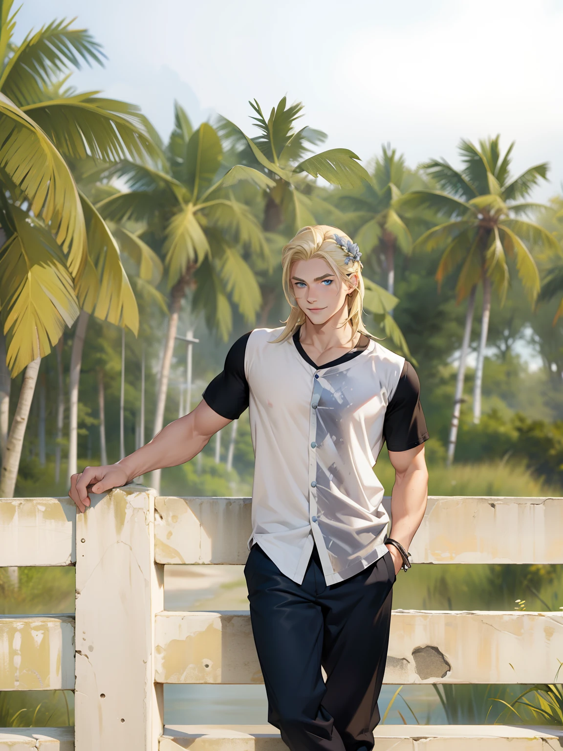 I am a young attractive man with shoulder length blonde hair. My eyebrows are the same color as my hair. I also have pale blue eyes that look like ice. I dress in clothes that fit my frame, nothing too tight or too baggy. And of course I have a sly yet confident smile.