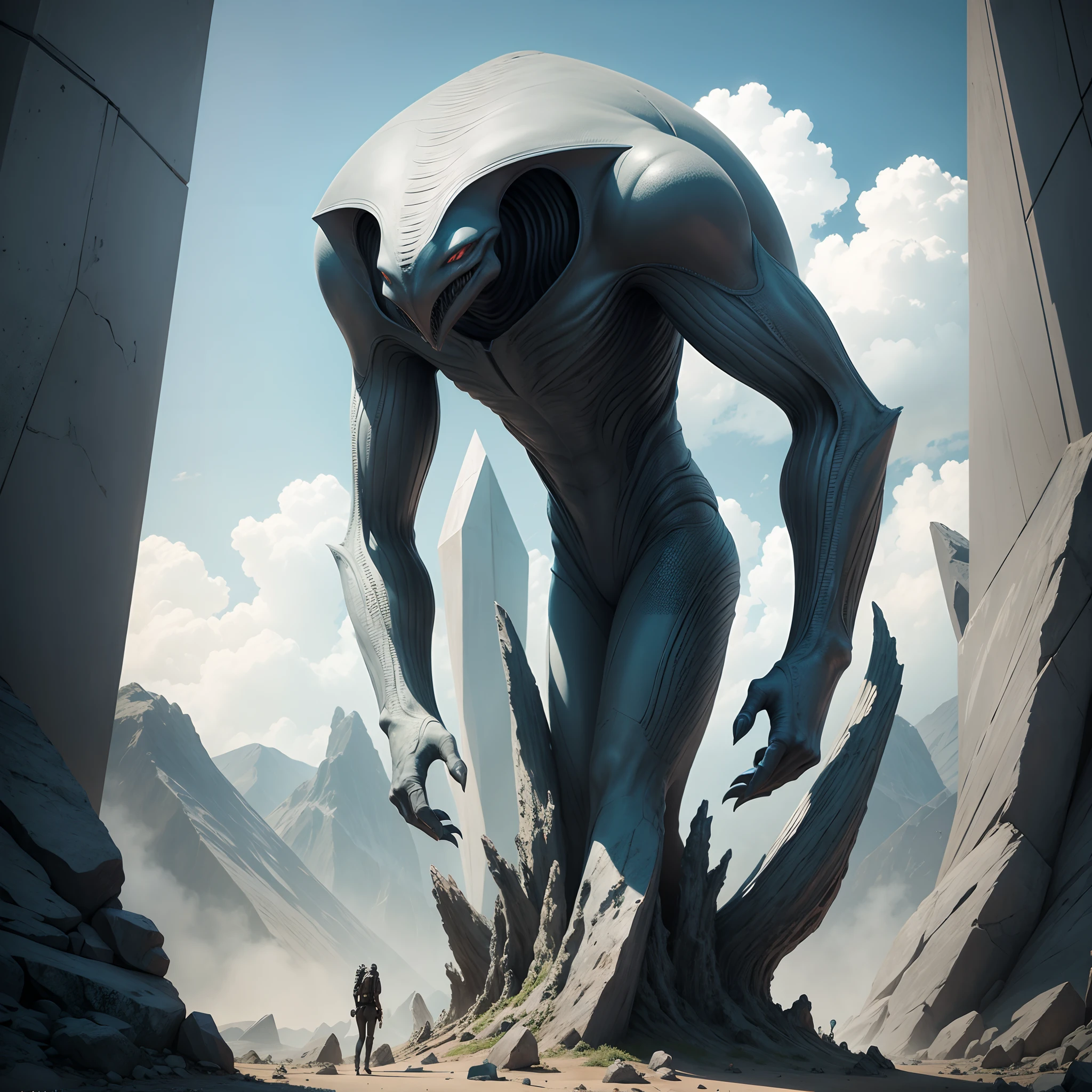 Alien creatures descend on Earth Monument,tmasterpiece,geometric shapes