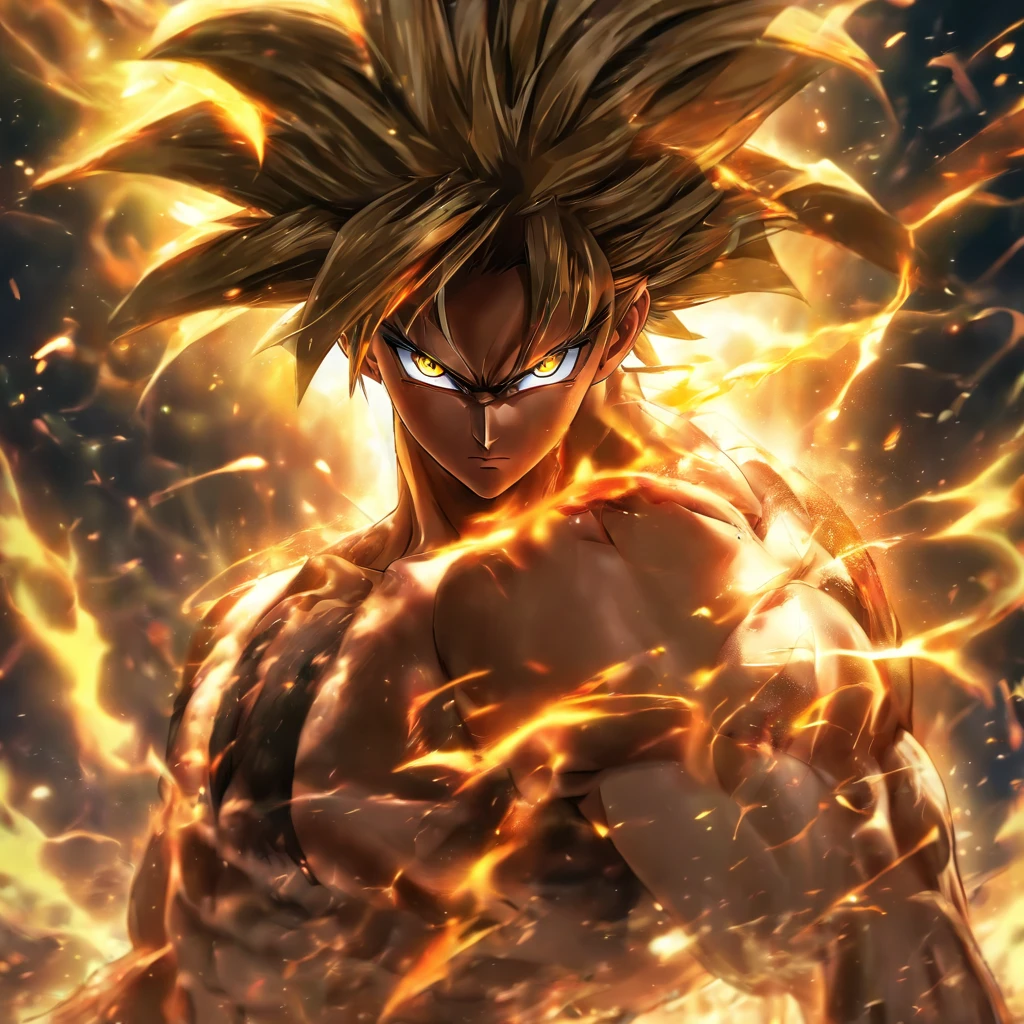 dragon ball goku, retrato de corpo inteiro, um pouco realista, Facial features are carefully described, estilo escurom orifundidade de campos, renderizado, melhor qualidade, 8k foco nitido nos olhos, anatomia correta, com cabelos loiros, com olhos vermelhos, Hate Skewering, Looking at the ground in great anger