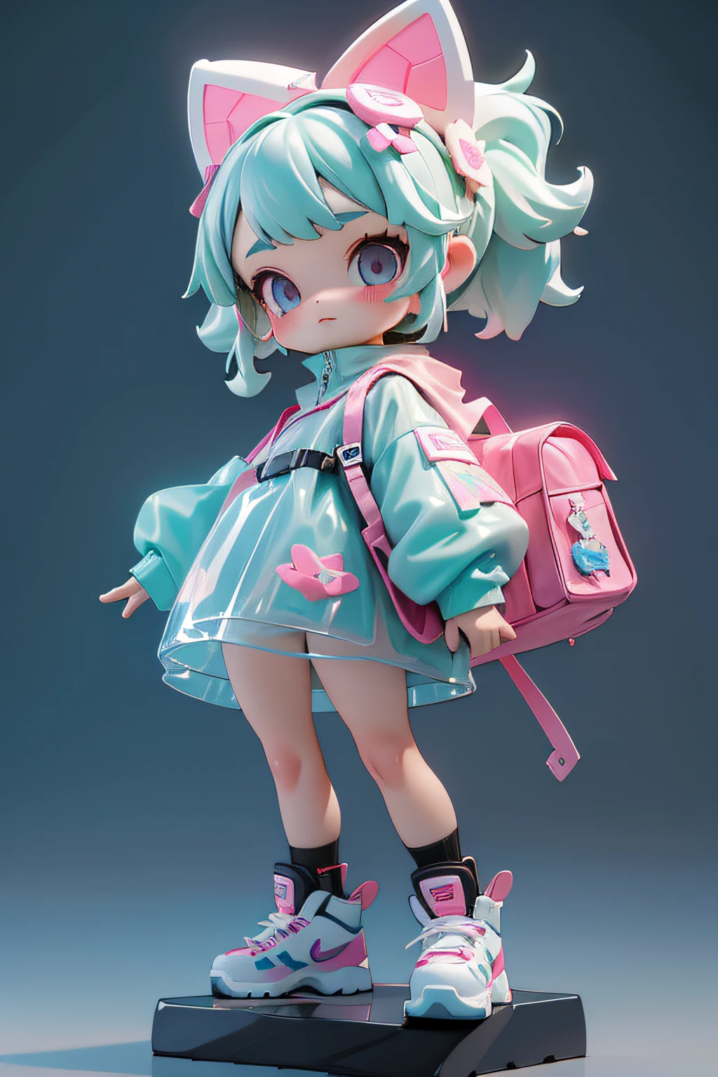 Cute  wrapped in clear plastic, tchibi, Fluorescent translucent sports fashion trend clothing, wearing nike shoes, Candy color, simple bright background, 3D toys, Cyberpunk Style, cinema4d, rendering by octane, 3D model, Collectible toys,nendoroid,Street style,by Pixar,Big shoes , Fashion trends, Close-up, Full body --AR 3:4 --q 2 50 --niji 5 --niji 5 --s 100 --stylistic expression --s 2