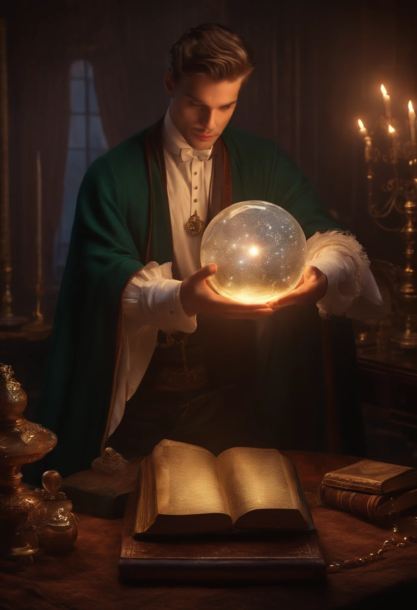 (best quality,4k,highres,masterpiece:1.2),realistic,mysterious magician,attractive young man,confident smile,looking straight at the viewer,large crystal,glistening crystal,crystal ball,candlelight,hazy atmosphere,ancient book,glowing runes,golden jewelry,flowing cape,star-filled sky,vibrant colors.