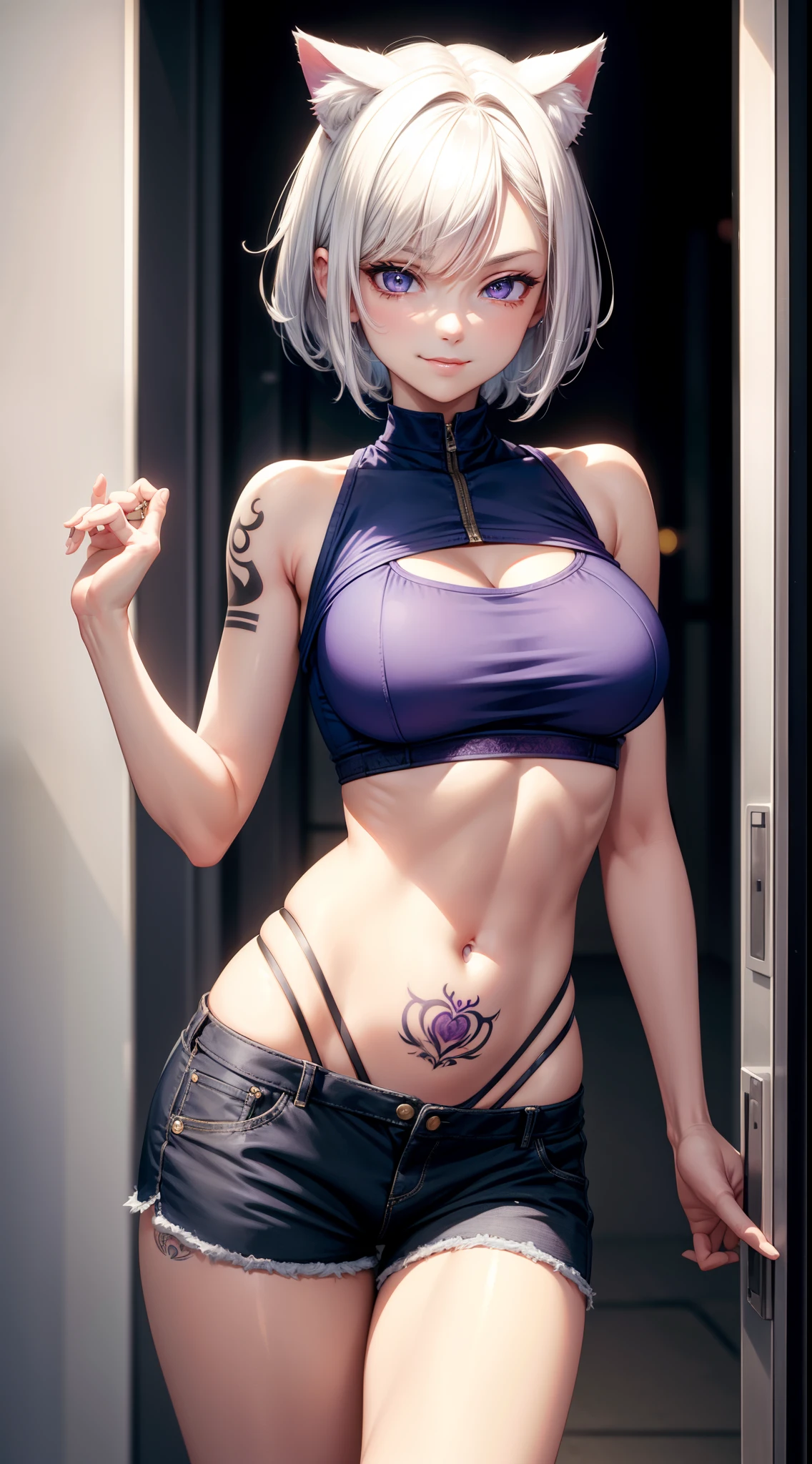 Grown-up girl, short white hair, Heteroromy, blue and purple eyes, cat ears, smirk, tight blue top, Shorts, tattoo, open belly, open breasts, Masterpiece, hiquality, 4k, HD, Good detail