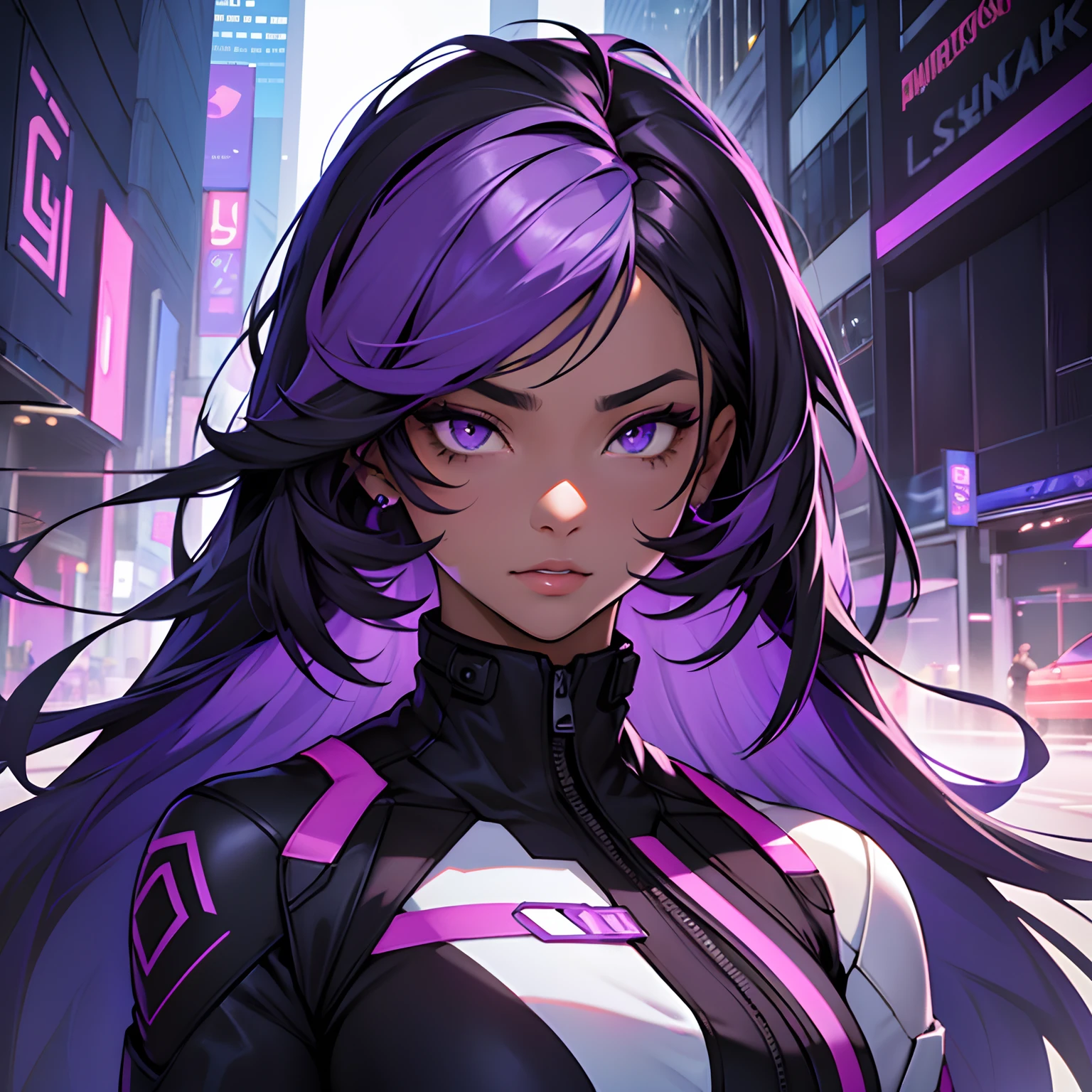 Medium height girl. Long split dyed hair, half of a delicate very light purple shade, the other half is dark purple. Fair skin with vitiligo all over the body. Half of the face is covered with a dark purple patch of vitiligo. Eyes of different colors. The eye on the light half of the face is light purple, The iris of the eye on the dark half of the face is purple, Protein Black. She wears a futuristic jumpsuit in purple and black. Bodycon jumpsuit. It stands on the roof of a skyscraper, against the backdrop of the city. She has long, straight hair. Half of the hair is dark purple, the other half of the hair, which is on the side of the face with the dark spot of vitiligo, White.