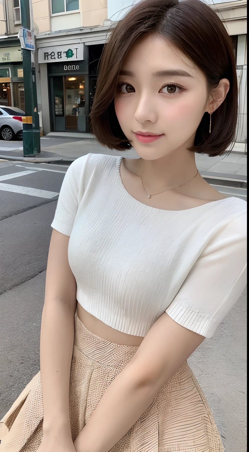 ((best qualtiy,8K,tmasterpiece:1.3)),Perfect beauty:1.4,glute:1.2,(Layered Hair Style:1.2)),(the street:1.3),Highly Detailed Face and Skin Textur,full bodyesbian,Elaborate Eyes,二重まぶた,Whitens the skin,Short wave hair,Cute Korean beauty(with a round face:1.5),(Black top,short skirt:1.6)ssmile