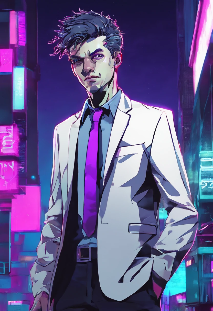 ((Skinny, lanky, normal, mid-30s, unshaven, white, ((American, pale skin, english)), male, businessman walking under night sky with moon out wearing a basic suit and tie)), cowboy shot, (black short shaggy hair with purple highlights), ((office cubicle background)), (highly detailed photo realistic), sharp focus, ultra high quality, vibrant, masterpiece, (cinematic lighting), ((male))