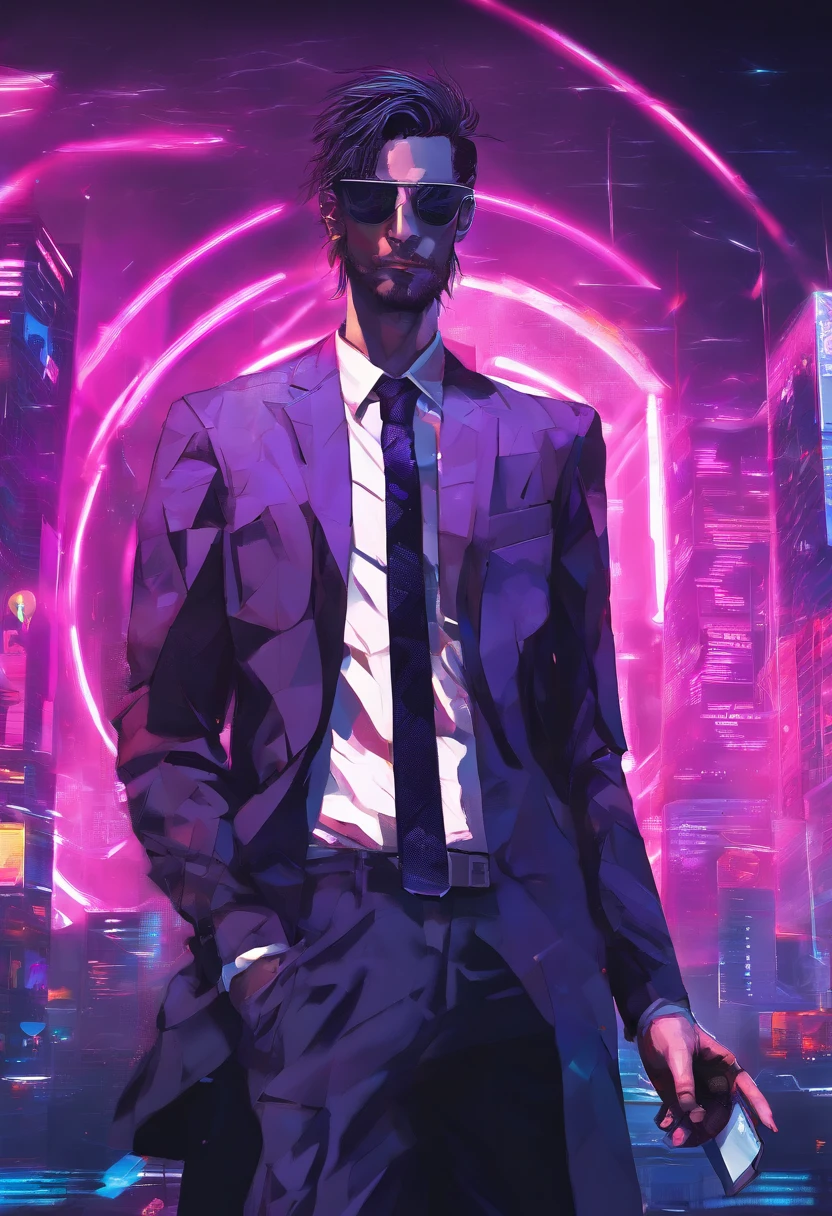 ((Skinny, lanky, normal, mid-30s, unshaven, white, ((American, pale skin, english)), male, businessman walking under night sky with moon out wearing a basic suit and tie)), cowboy shot, (black short shaggy hair with purple highlights), ((office cubicle background)), (highly detailed photo realistic), sharp focus, ultra high quality, vibrant, masterpiece, (cinematic lighting), ((male))