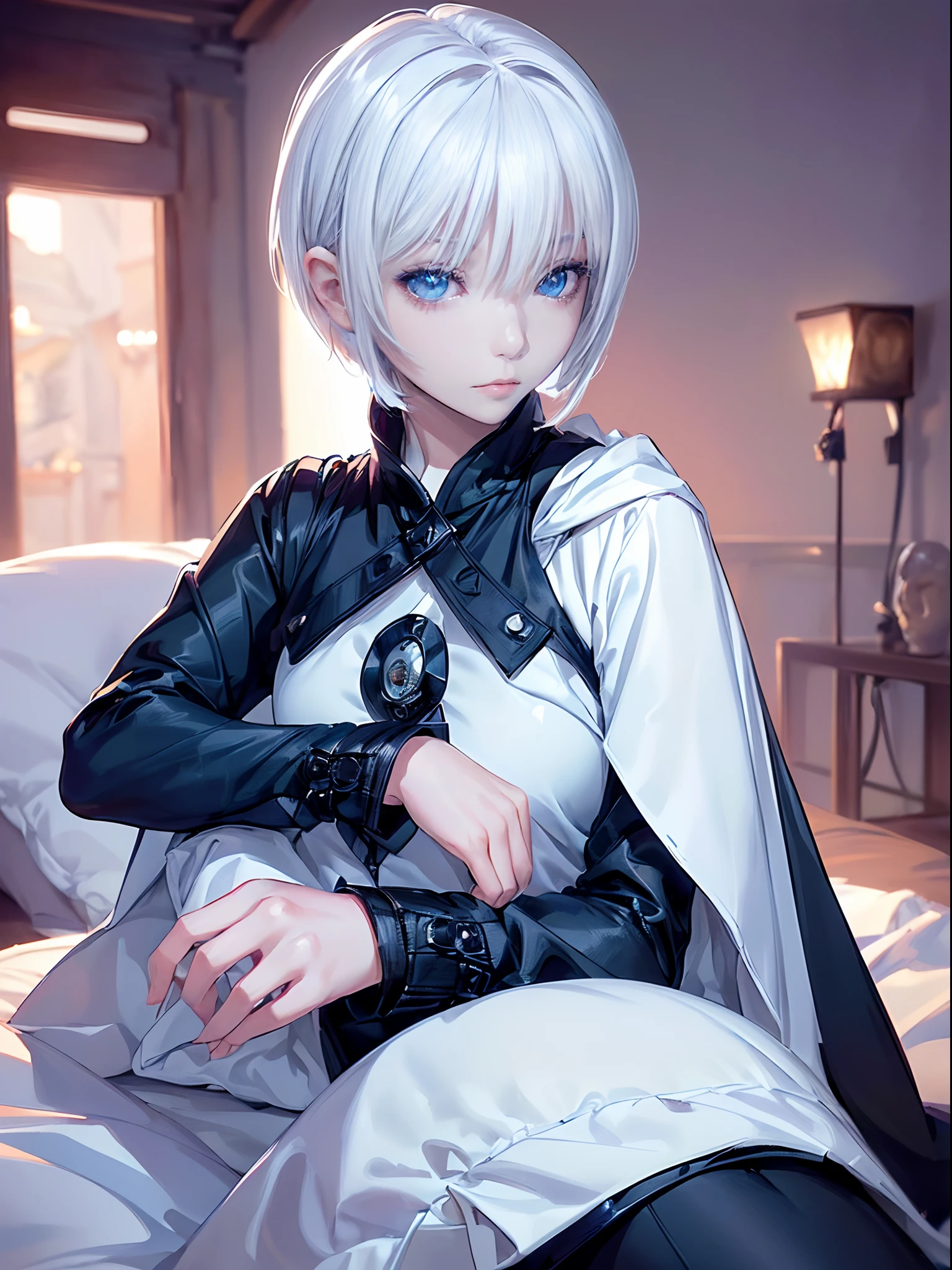 ((4K works))、masterpiece、(top-quality)、One Beautiful Girl、Slim body、tall、((Black Y-shirt and white pants、Charming street style))、Please wear one jacket、Wearing a hood、(Detailed beautiful eyes)、Morning City、((Bedroom))、Fantasy bedroom inhabited by aristocrats、Black bedroom、Video call screen、((Face similar to Carly Rae Jepsen))、((Short-haired white hair))、((Smaller face))、((Neutral face))、((Bright blue eyes))、((American adult women))、((Adult female 26 years old))、((cool lady))、((Like a celebrity))、((Gentle expression))、((Korean Makeup))、((elongated and sharp eyes))、((Happy dating))、((boyish))、((Upper body photography))、Professional Photos、((Shot by two))、((She's on the futon))、((It's like making a video call with your audience))、((Sitting on a futon))、((Shot very close to the face))、((Face Close-up))、((An evil man with black hair is standing behind her))、Couple photo