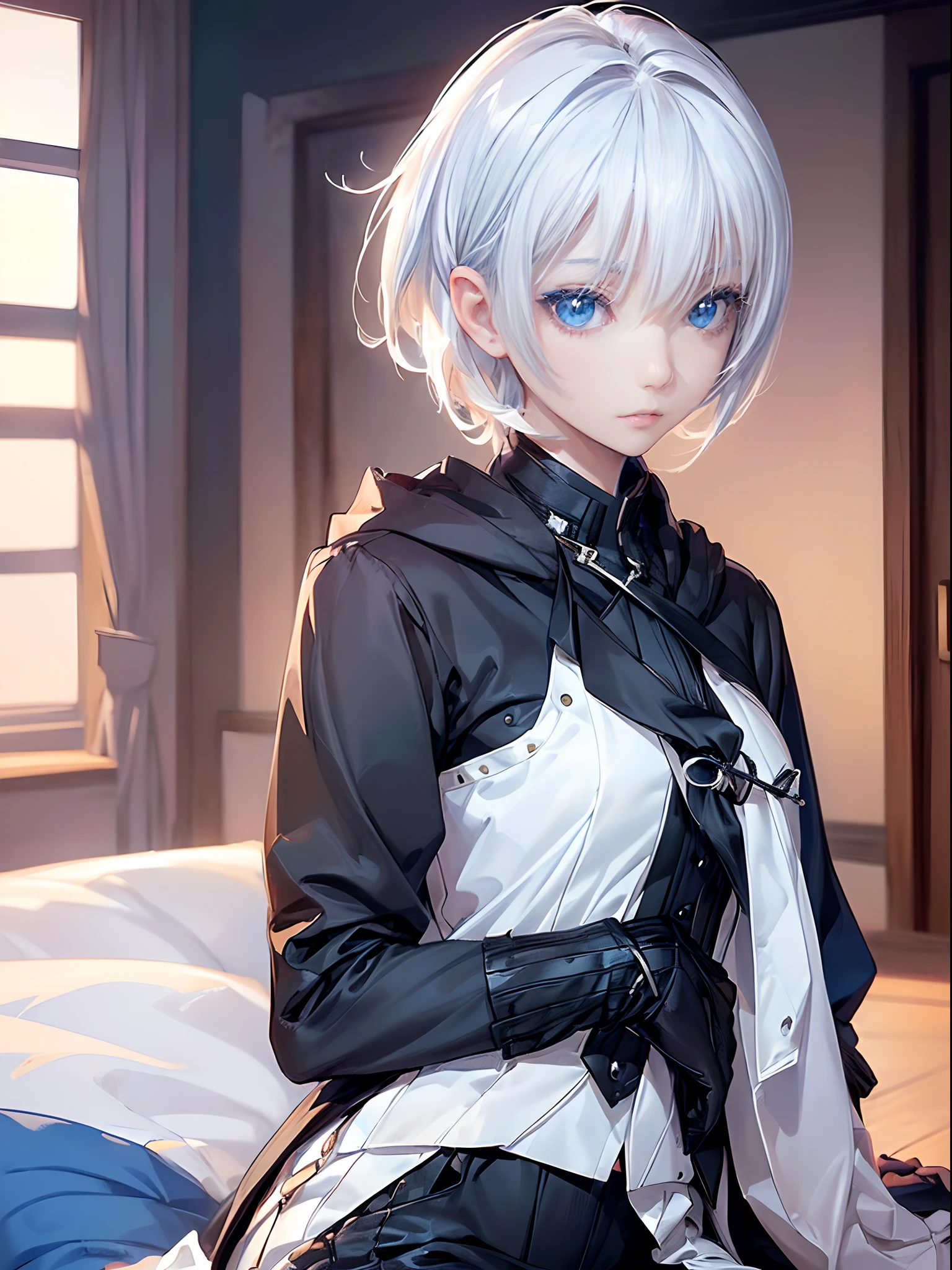 ((4K works))、​masterpiece、(top-quality)、One Beautiful Girl、Slim body、tall、((Black Y-shirt and white pants、Charming street style))、Please wear one jacket、Wearing a hood、(Detailed beautiful eyes)、Morning City、((Bedroom))、Fantasy bedroom inhabited by aristocrats、Black bedroom、Video call screen、((Face similar to Carly Rae Jepsen))、((Short-haired white hair))、((Smaller face))、((Neutral face))、((Bright blue eyes))、((American adult women))、((Adult female 26 years old))、((cool lady))、((Like a celebrity))、((Gentle expression))、((Korean Makeup))、((elongated and sharp eyes))、((Happy dating))、((boyish))、((Upper body photography))、Professional Photos、((Shot alone))、((She's on the futon))、((It's like making a video call with your audience))、((Sitting on a futon))、((Shot very close to the face))、((Face Close-up))、((She is hugged by a man from behind))