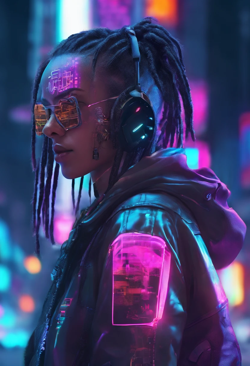 ((masculine)), ((1boy)), black dreadlocks, brown skin, black eyes, cowboy shot, ((ultra detailed neon cyberpunk futuristic city )), detailed and intricate ((cyberpunk city streets background)), featuring high-tech holographic projections and sleek architecture, (highly detailed photo realistic), sharp focus, ultra high quality, vibrant, (symmetrical detailed face:1.7), toned, masterpiece, (cinematic lighting), smoking weed, ((cyberpunk 2077 inspired)