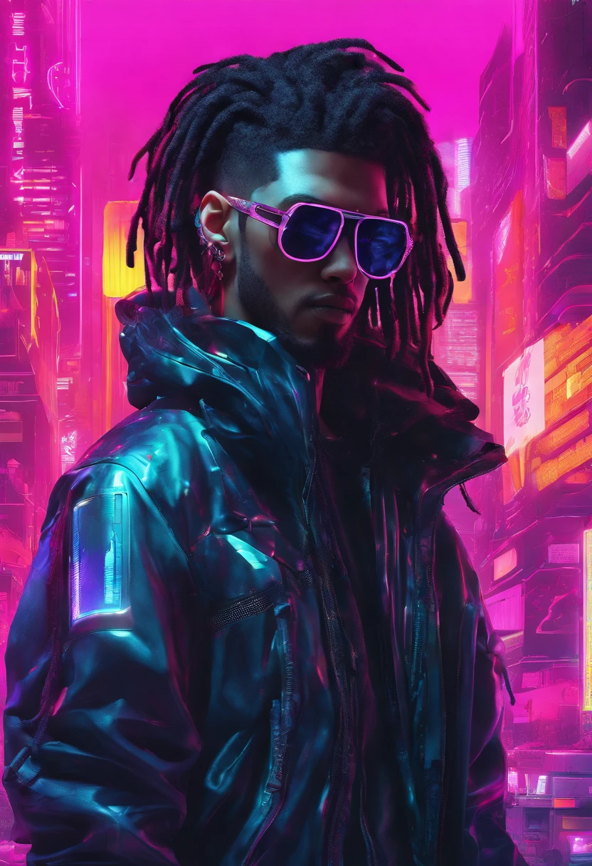 ((masculine)), ((1boy)), black dreadlocks, brown skin, black eyes, cowboy shot, ((ultra detailed neon cyberpunk futuristic city )), detailed and intricate ((cyberpunk city streets background)), featuring high-tech holographic projections and sleek architecture, (highly detailed photo realistic), sharp focus, ultra high quality, vibrant, (symmetrical detailed face:1.7), toned, masterpiece, (cinematic lighting), smoking weed, ((cyberpunk 2077 inspired)