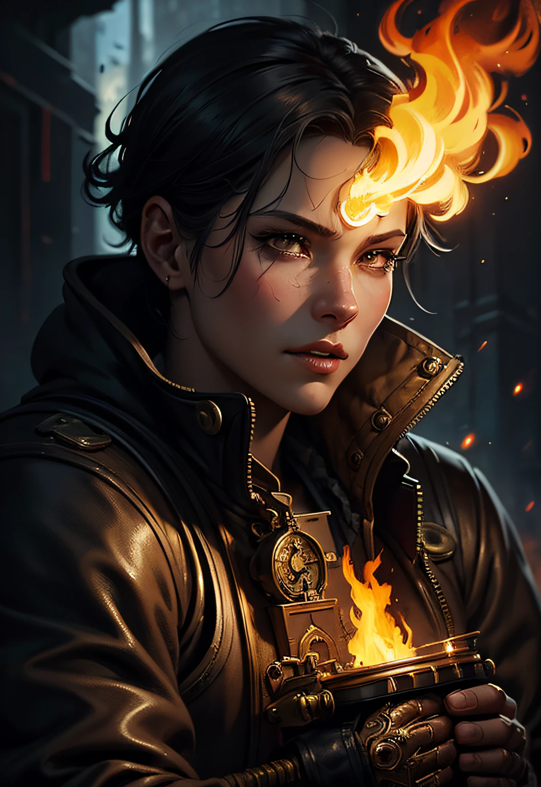 A close-up portrait of a handsome (sks person),post apocalyptic winged firemancer, intricate, elegant, highly detailed, digital painting, artstation, concept art, smooth, sharp focus, illustration, art by Krenz Cushart and Artem Demura and alphonse mucha, ((fire in hands))