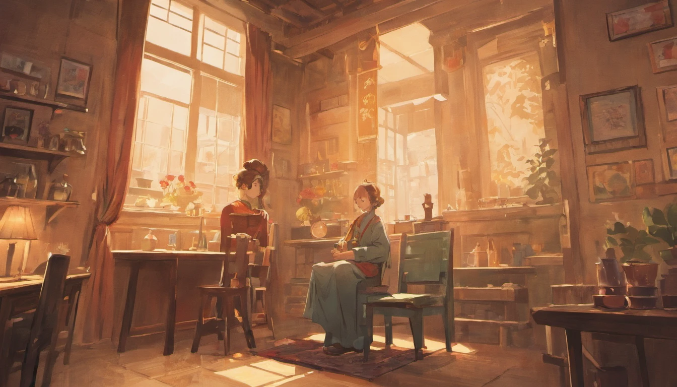 Chinese eighties,Home interior scene,Nostalgic colors,Handwriting style,Hot water bottle on old table,Portrait of Chairman Mao on the wall