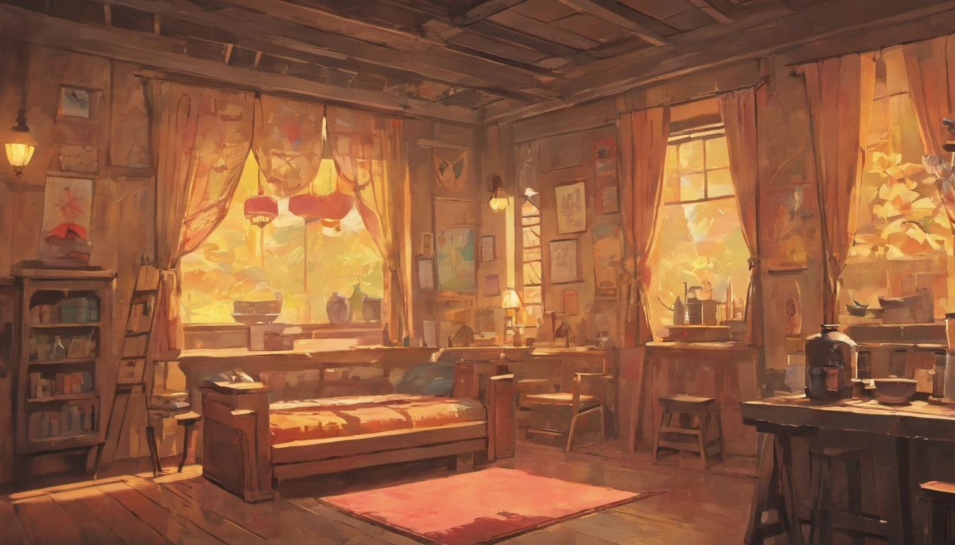 Chinese eighties，Home interior scene，Nostalgic colors，Handwriting style，Hot water bottle on old table，Portrait of Chairman Mao on the wall