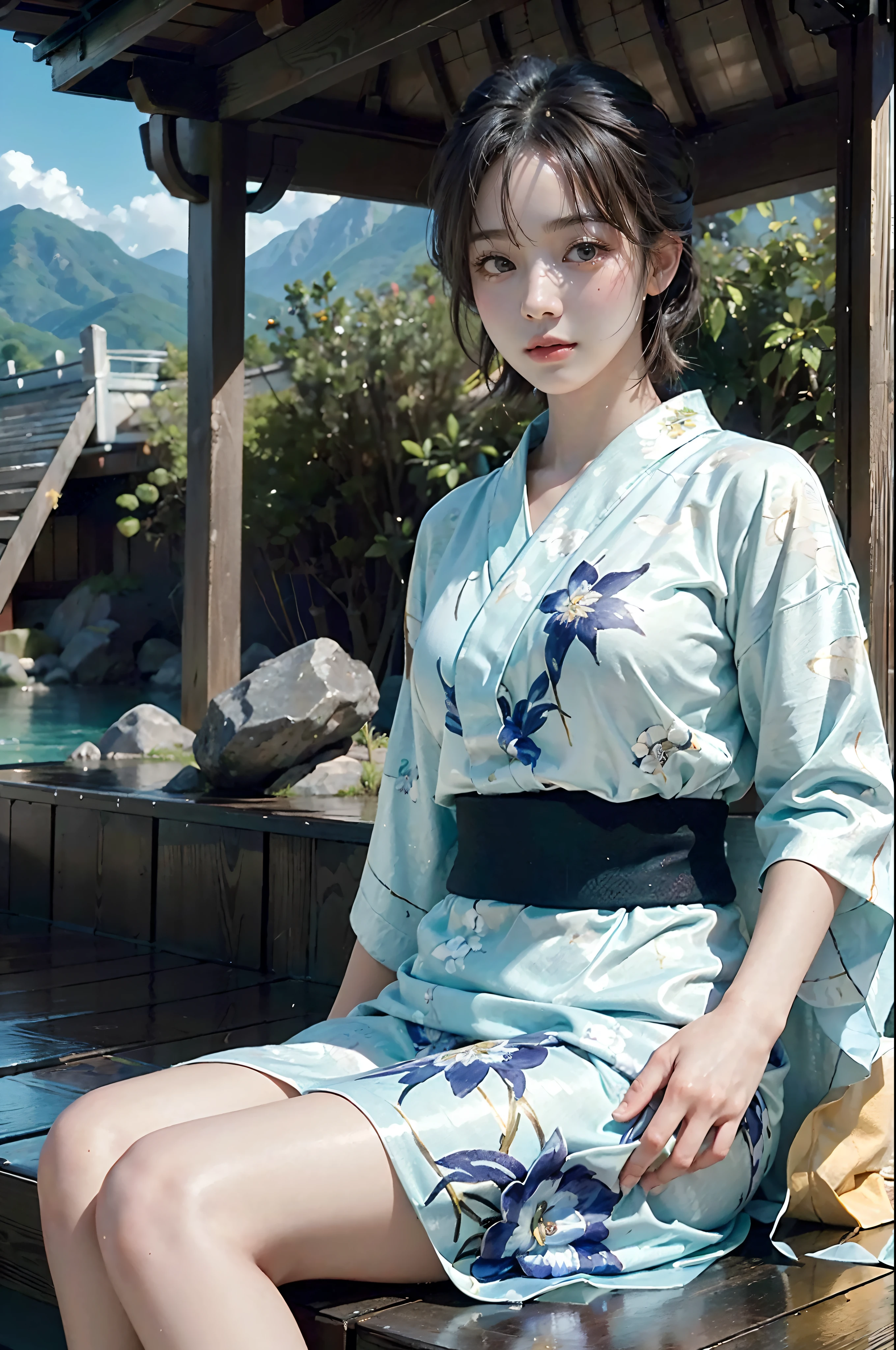 (best quality:1.2), (masterpiece:1.2), (realistic), (35mm analog film), (wide shot), (solo), (sunlight), (eye level), (landscape), (masterpiece:0.5) onsen background, (yukata woman), (extremely detailed masterpiece), (soft cam:0.9) under soft light, (ground-level angle), (HD 8K), (sharp focus:0.5)