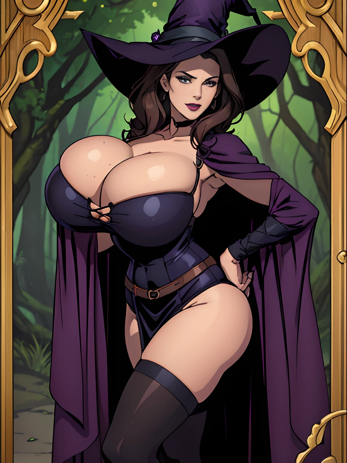 (masterpiece, top quality, best quality, official art, beautiful and aesthetic:1.2), (1girl:1.3), long and curly dark brown hair, ((extravagant updo)), Victorian style, extremely detailed, portrait, looking at viewer, solo, (full body:0.6), detailed background, close up, mischievous eyes, (cold midnight castle theme:1.1), extremely busty witch, huge lips, charlatan, smirk, mysterious, being seductive by a cottage in the forest, witch hat, broom, revealing gothic witch dress, lace, extremely tight bodice, black attire, black skirts, long sleeves, loose sleeves, black leather, cloak, corset, black dress, fishnets, thigh high black boots, buckles, straps, pouches, glowing green magic energy, dark purple fabric, silver trim, black leather, gigantic breasts, cleavage, skindentation, slim waist, slim hips, long legs, medieval (forest cottage exterior:1.1) background, nighttime, dark mysterious lighting, shadows, magical atmosphere, dutch angle