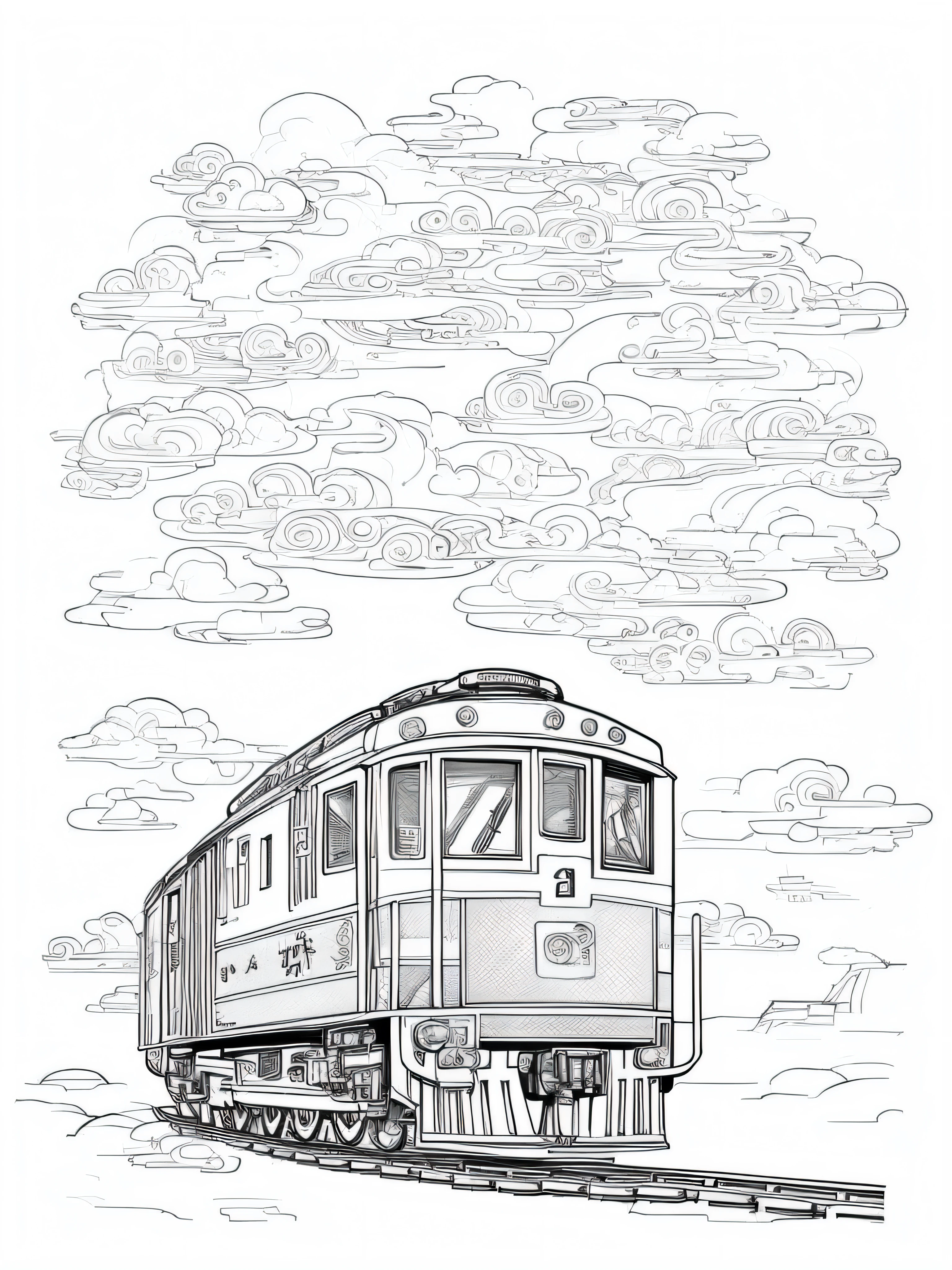 A drawing of a Chinese-style letter with clouds and a train, 2d game lineart behance hd, 2d game lineart behance hd, high detailed official artwork, highly detailed linework, full page illustration, line art illustration, Official illustration, full page illustration, Detailed 2D illustration, extremely detailed linework, Highly detailed illustration, hyper detailed line art