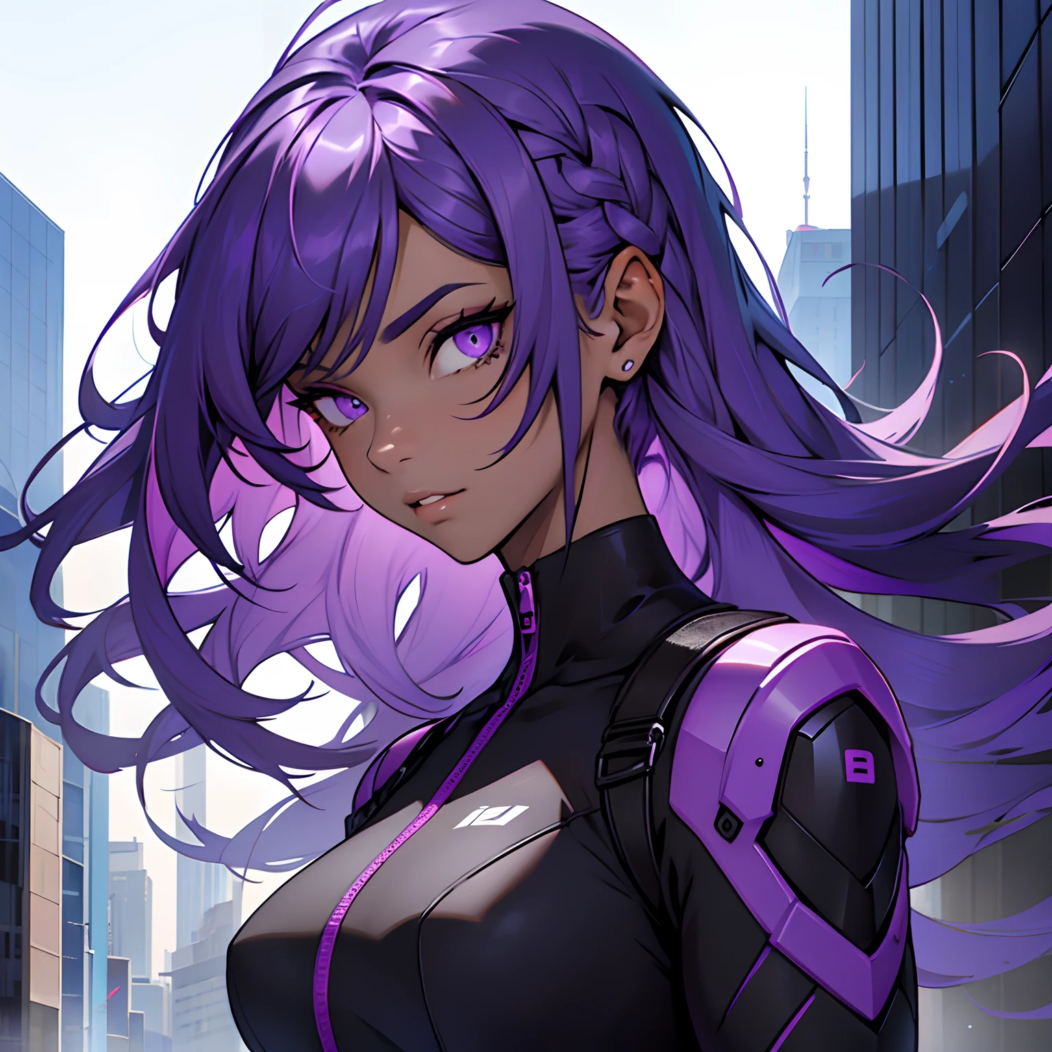 Medium height girl. Long split colored hair, Half of a delicate very light purple shade, the other half is dark purple. Fair skin with vitiligo all over the body. Half of the face is covered with a dark purple patch of vitiligo. Eyes of different colors. The eye on the light half of the face is light purple, The iris on the dark half of the face is purple, Protein black. She wears a futuristic jumpsuit in purple and black. Bodycon jumpsuit. It stands on the roof of a skyscraper, against the backdrop of the city. she has long, straight hair. Half of the hair is dark purple, the other half of the hair, which is on the side of the face with the dark spot of vitiligo, White. HALF HAIR WHITE HALF DARK VIOLET. in full height. floting hair. dark spots all over the body. Vitiligo.