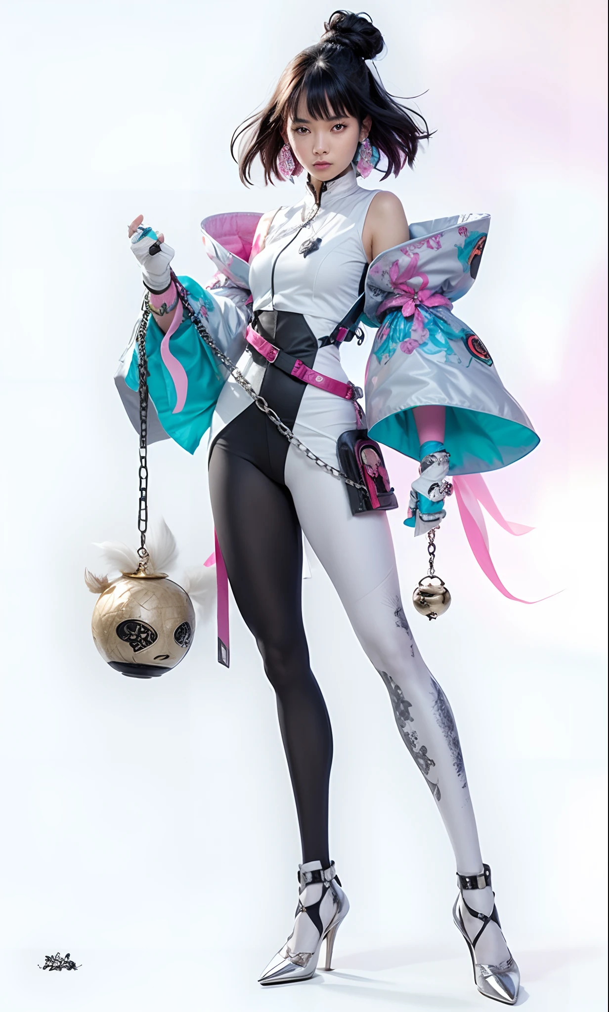 female, full body, short black hair, yin and yang theme costume, holding weapon with chains and metal ball