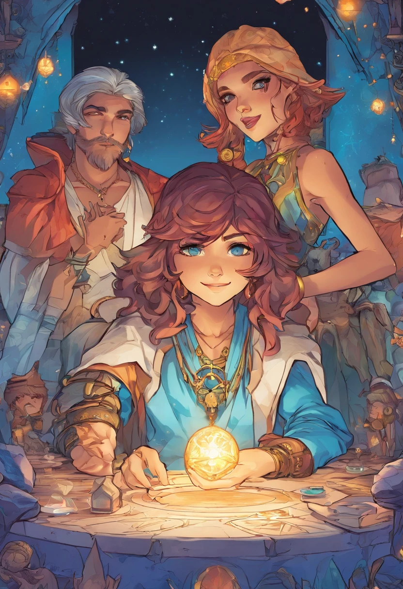 fortune teller、a sorceress、twinks、male child、Mysterious、A slight smil、front facing、Looking here、Big crystal、Glowing crystals、krystal、Light blue overall