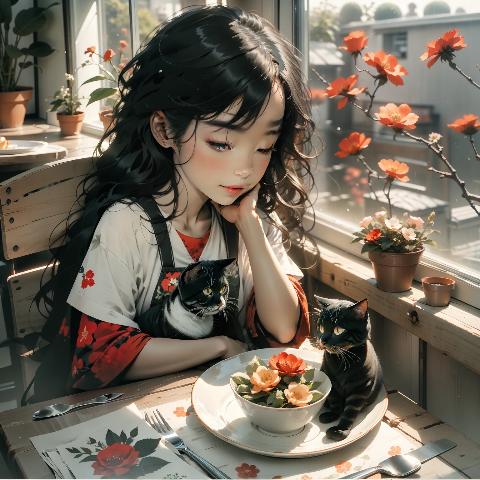 girl eating by the window, flower pots, and the sun was shining brightly, the detail, 4K, k hd, high high quality.A 5-year-oirl s at a dining table,largeeyes,ssmile,Cute cat in hand,Juice on the table,Western breakfast on plate,Sunny sea view from the window,Warm and healing,Cute expressions,Roses by the window,Hair Korean style,Mixed-race cute