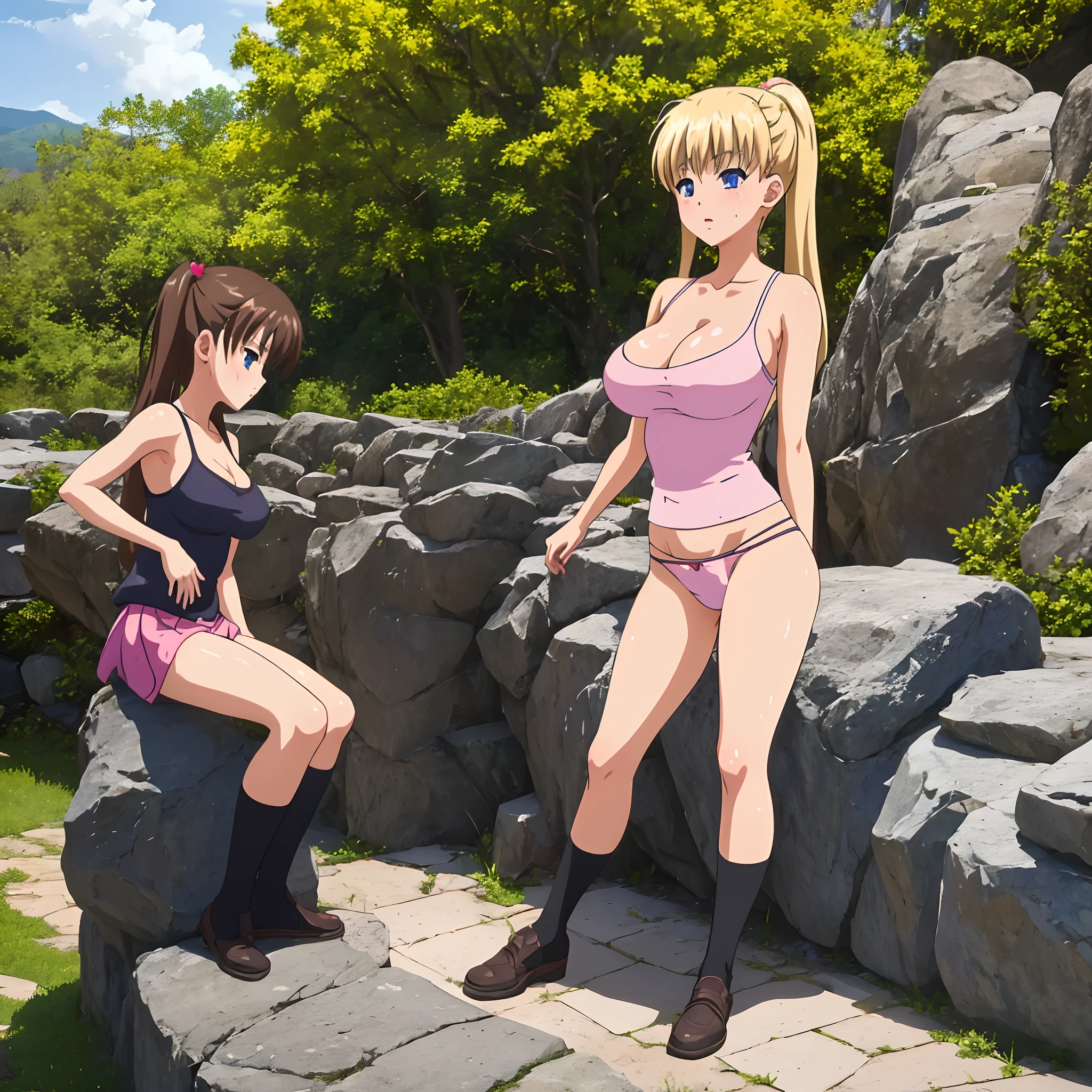 masterpiece, best quality, 1girl, airi Akizuki, blonde hair, blue eyes, thin eyebrows, large breasts, cum dripping from face, light Pink panties, black socks, cameltoe, huge thighs, nice body, 17yo, 8k, high quality, best art, full body, drawn by best artist
