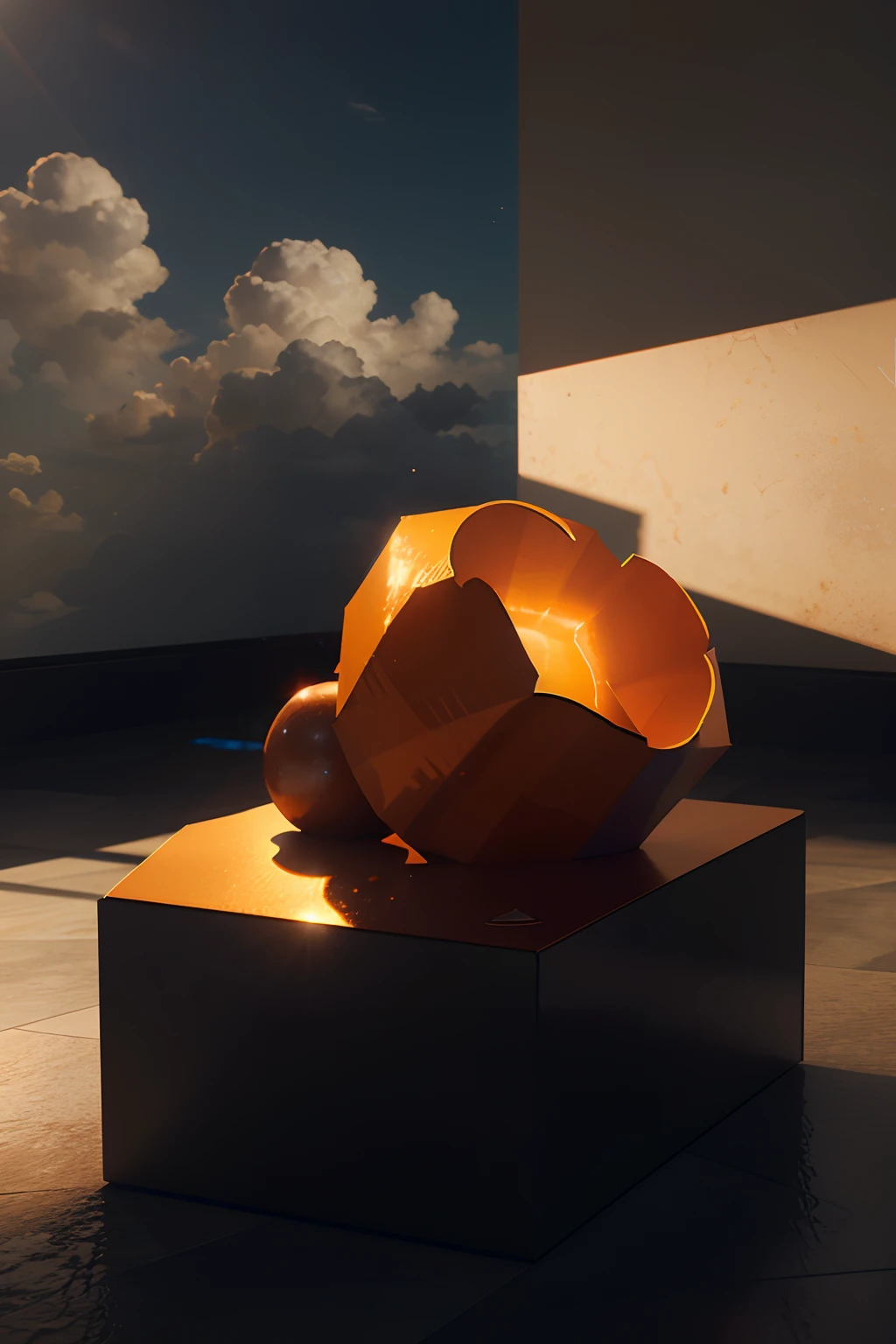 There is a small orange box,There are clouds inside,vray caustics, volumetric lighting caustics, 3 d fluid simulation render