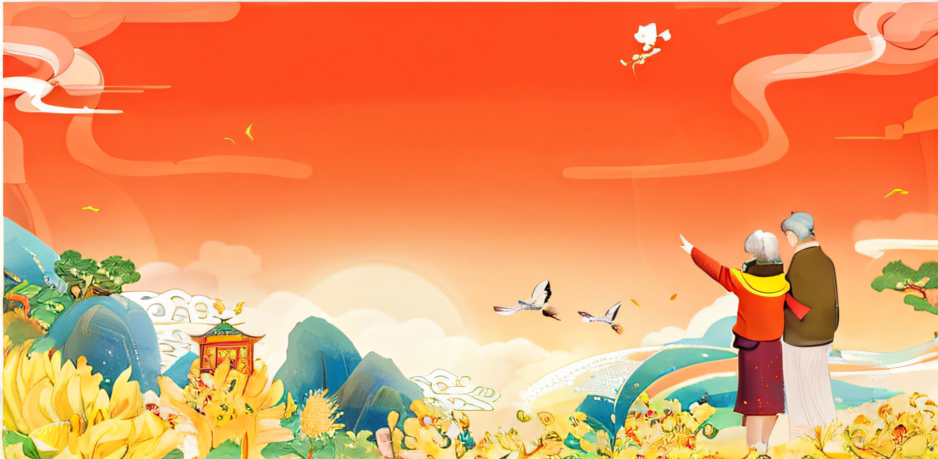 There was a man and a woman standing in the field，Birds fly around, A beautiful artwork illustration, Chinese style painting, hand painted cartoon art style, Chinese watercolor style, Chinese painting style, Detailed scenery —width 672, Japanese style painting, 4 k hd wallpaper illustration, sunset illustration, 4 k hd illustrative wallpaper, large view, fairy tale style background