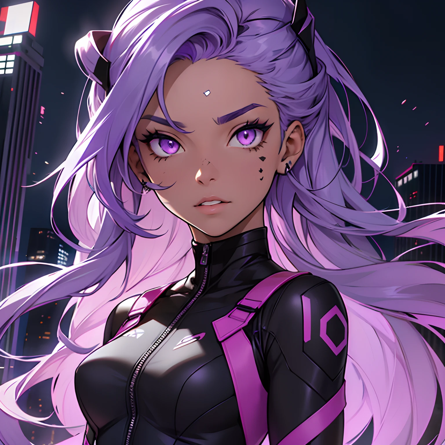 Medium height girl. Long split colored hair, Half of a delicate very light purple shade, the other half is dark purple. Fair skin with vitiligo all over the body. Half of the face is covered with a dark purple patch of vitiligo. Eyes of different colors. The eye on the light half of the face is light purple, The iris on the dark half of the face is purple, Protein black. She wears a futuristic jumpsuit in purple and black. Bodycon jumpsuit. It stands on the roof of a skyscraper, against the backdrop of the city. she has long, straight hair. Half of the hair is dark purple, the other half of the hair, which is on the side of the face with the dark spot of vitiligo, White. HALF HAIR WHITE HALF DARK VIOLET. in full height. floting hair. dark spots all over the body. Vitiligo.